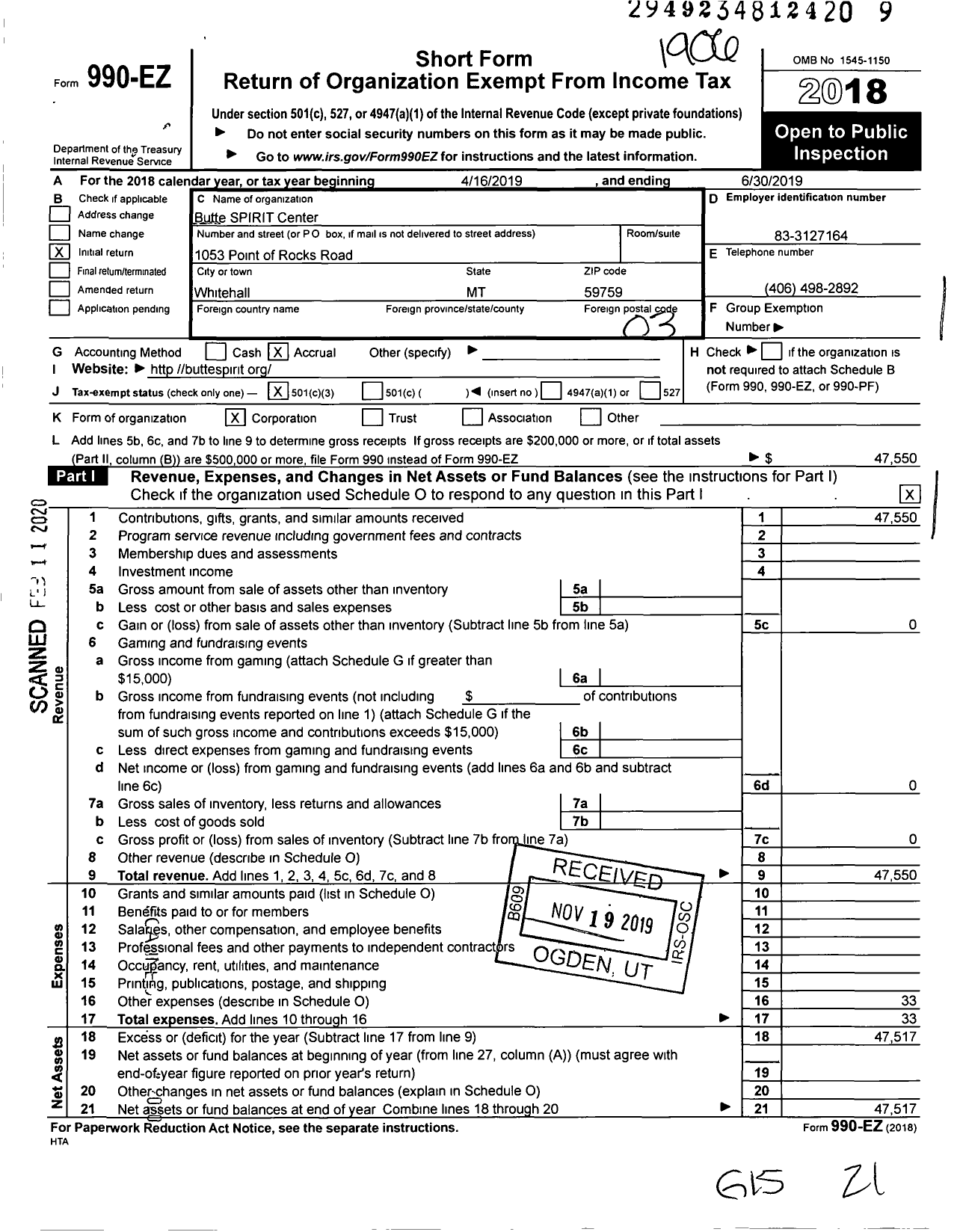 Image of first page of 2018 Form 990EZ for Butte SPIRIT Center