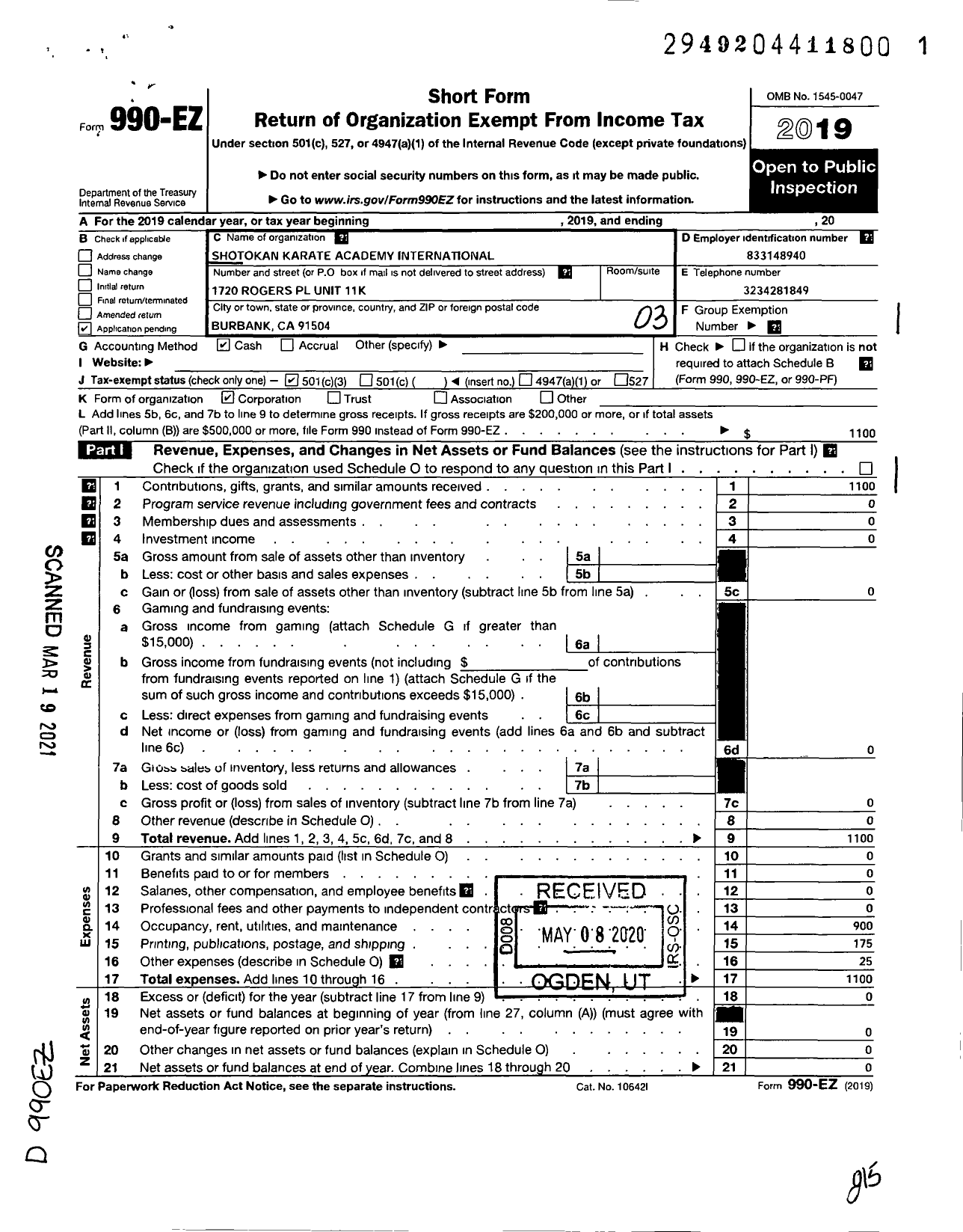 Image of first page of 2019 Form 990EZ for Shotokan Karate Academy International