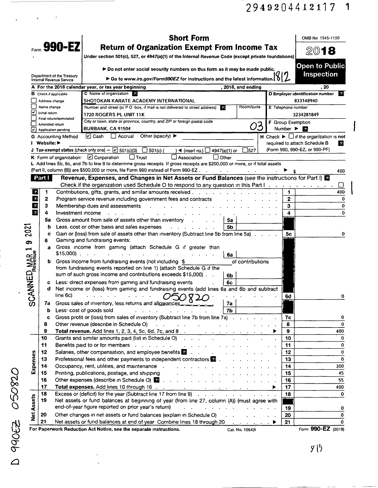 Image of first page of 2018 Form 990EZ for Shotokan Karate Academy International