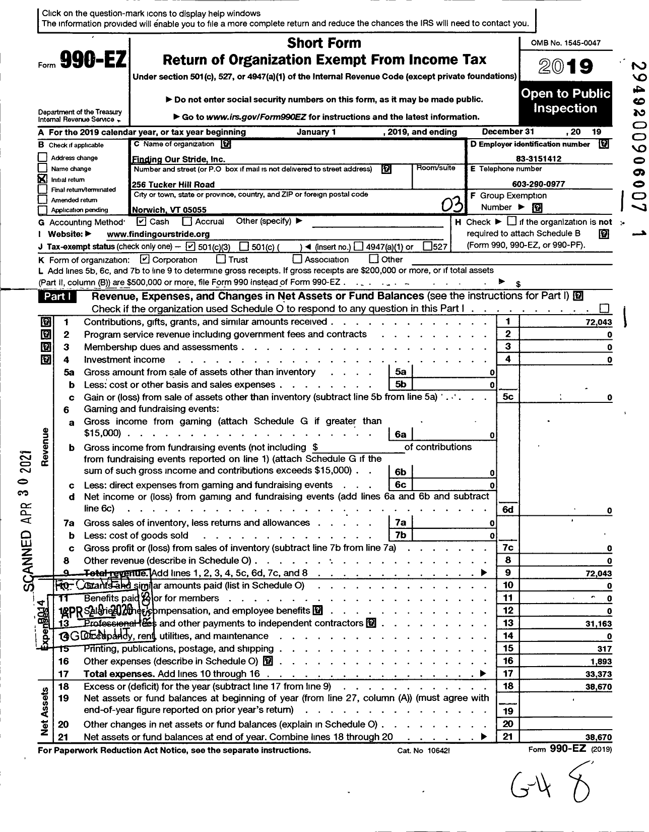 Image of first page of 2019 Form 990EZ for Finding Our Stride