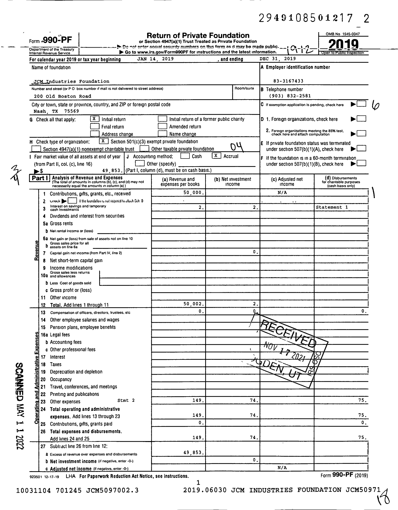 Image of first page of 2019 Form 990PF for The Morriss Family Foundation