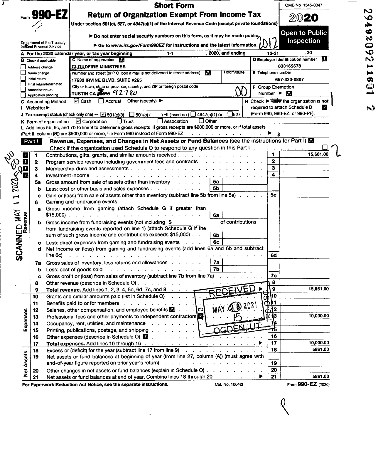 Image of first page of 2020 Form 990EO for Cloudfire Ministries