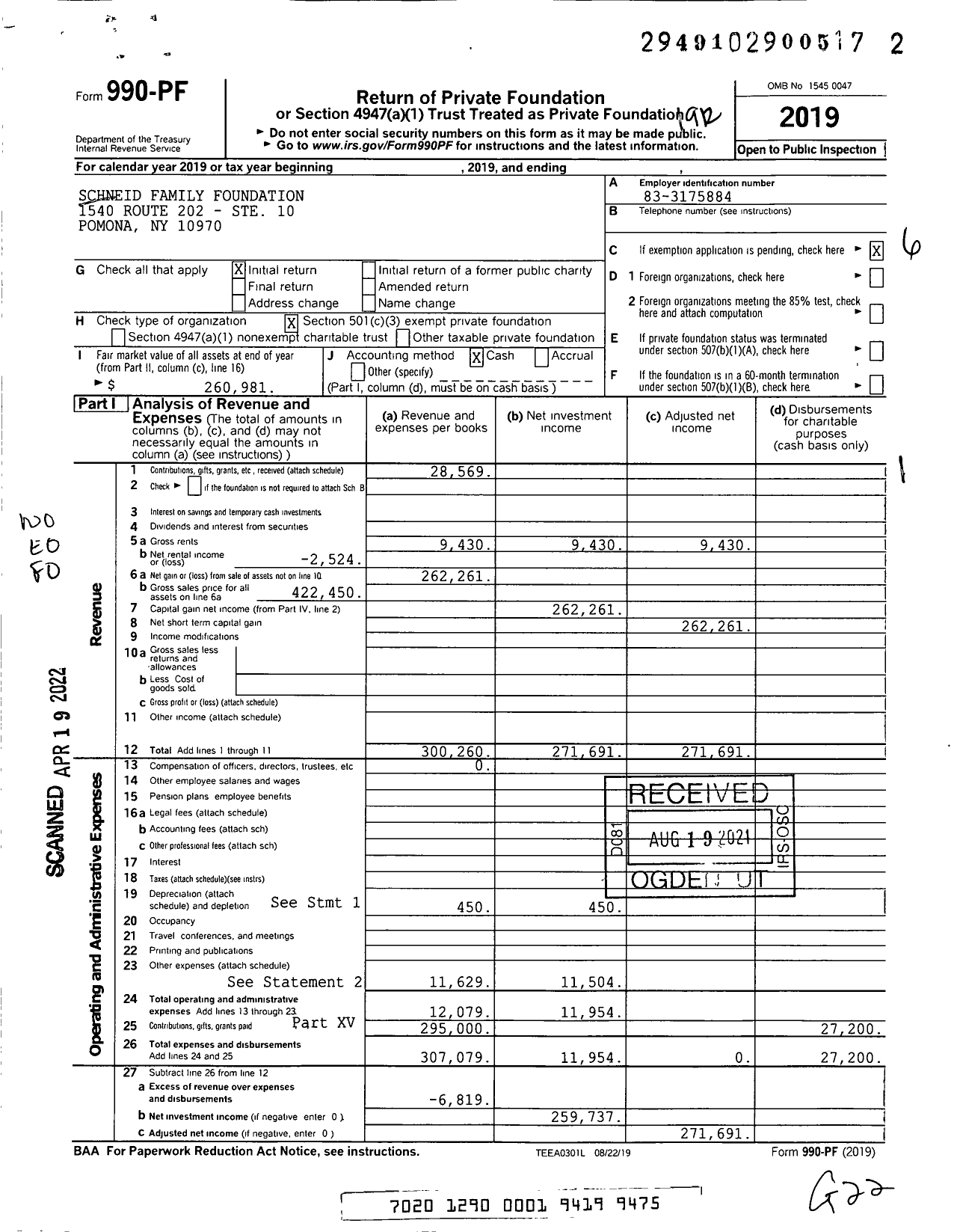 Image of first page of 2019 Form 990PF for Schneid Family Foundation