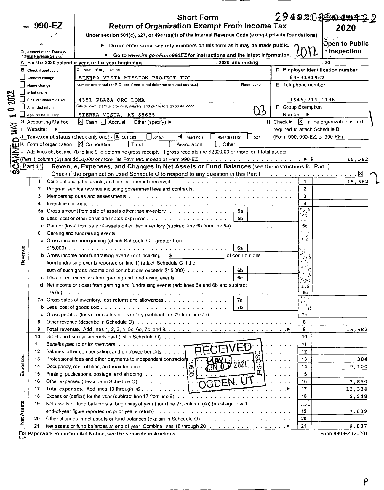 Image of first page of 2020 Form 990EZ for Sierra Vista Mission Project