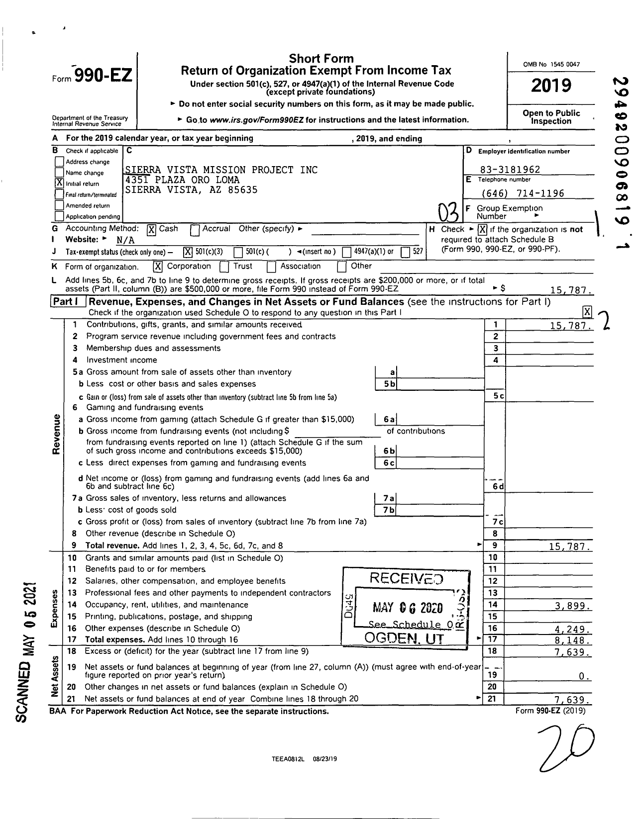 Image of first page of 2019 Form 990EZ for Sierra Vista Mission Project