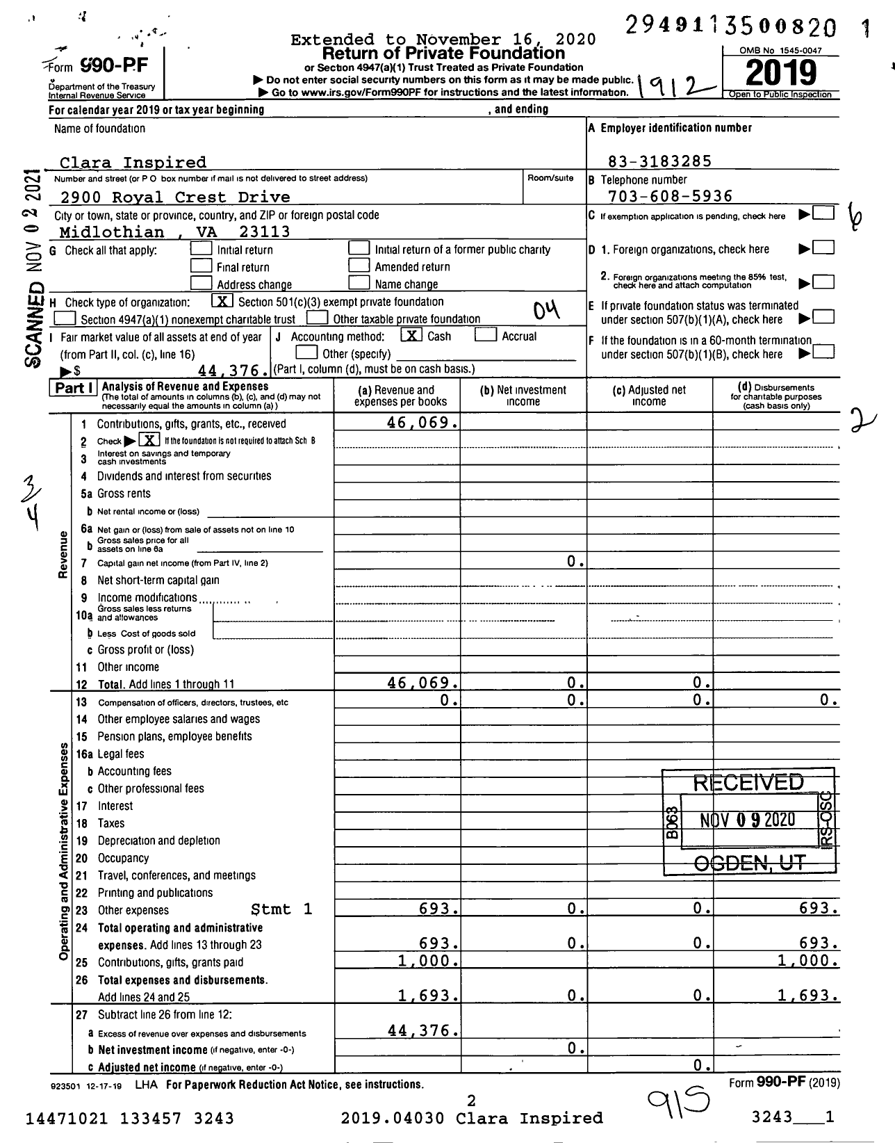 Image of first page of 2019 Form 990PF for Clara Inspired