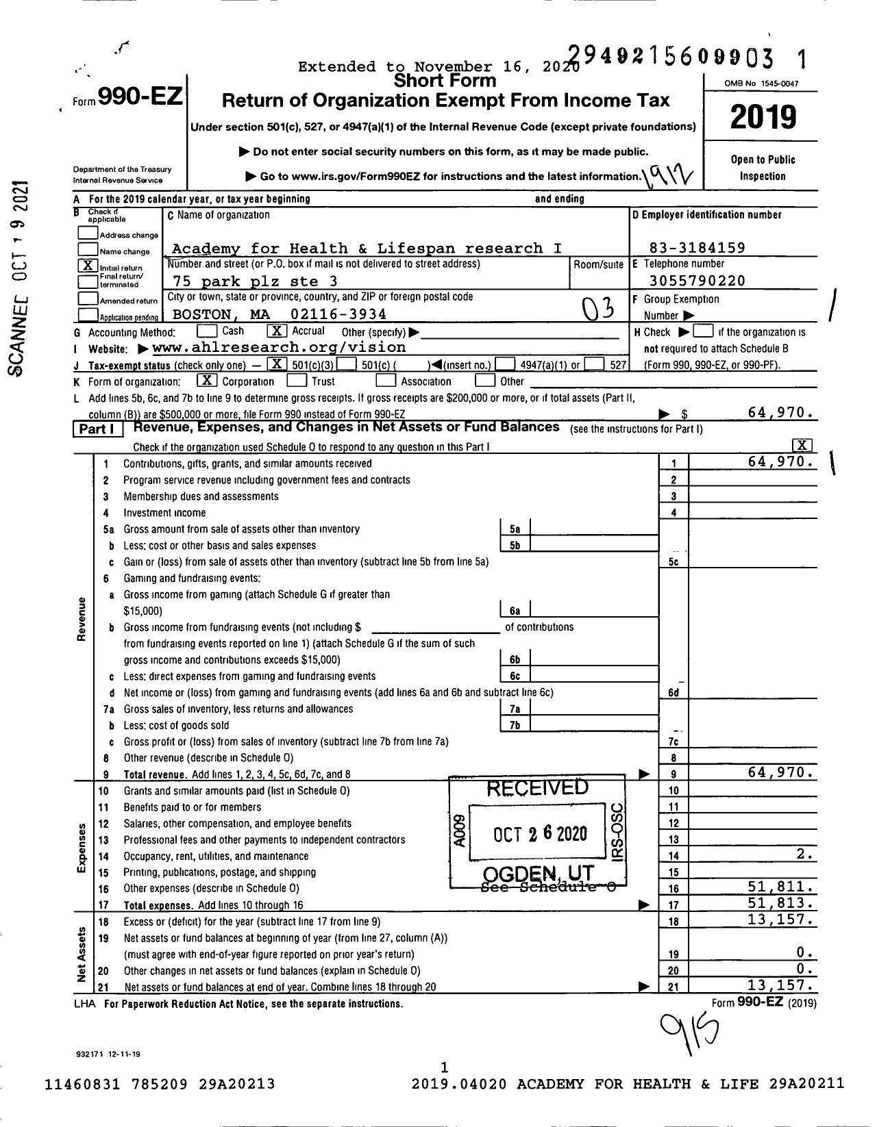 Image of first page of 2019 Form 990EZ for Academy for Health and Lifespan Research