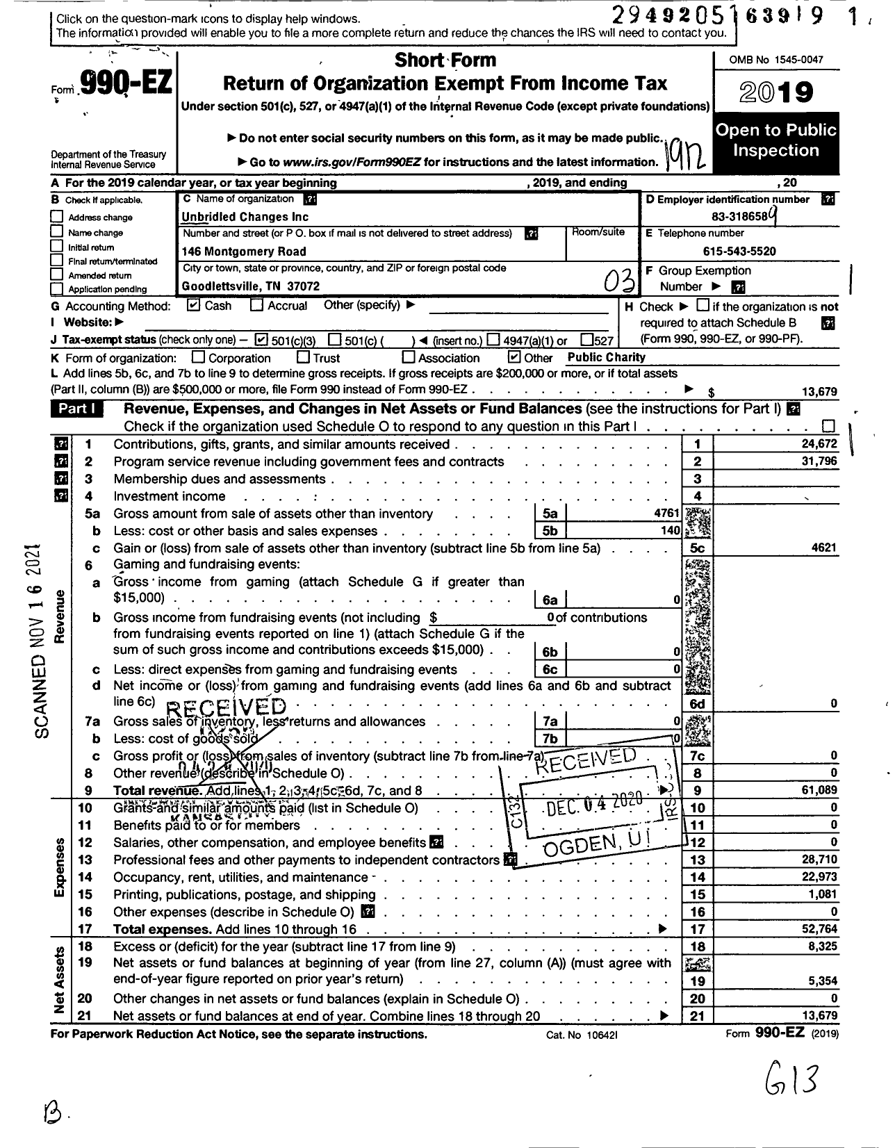 Image of first page of 2019 Form 990EZ for Unbridled Changes