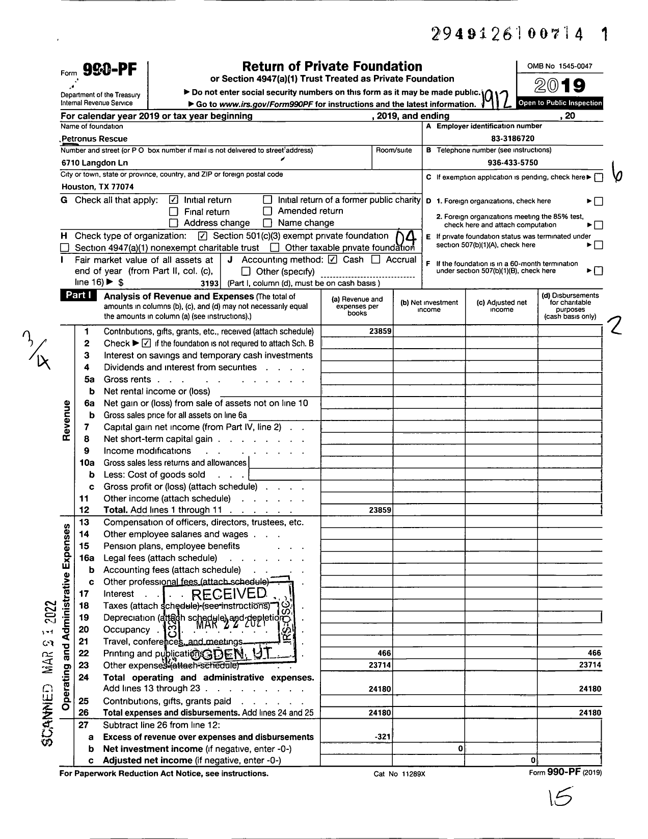 Image of first page of 2019 Form 990PF for Petronus Rescue