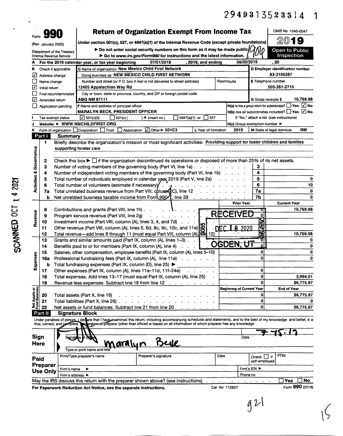 Image of first page of 2018 Form 990 for New Mexico Child First Network