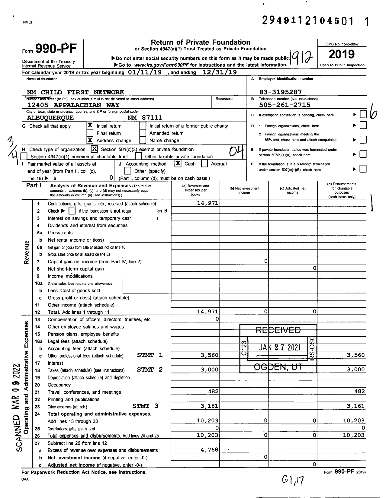 Image of first page of 2019 Form 990PF for New Mexico Child First Network