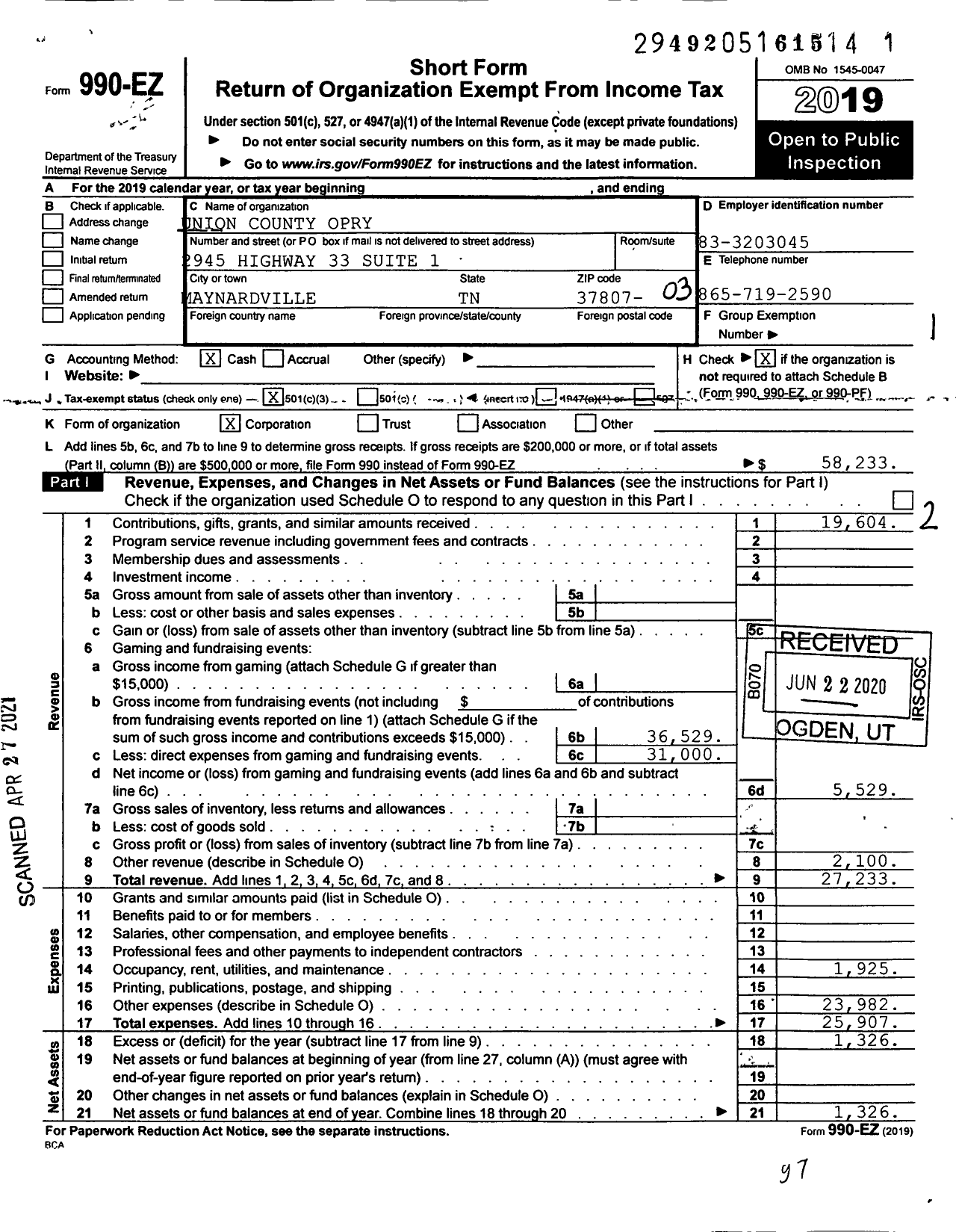 Image of first page of 2019 Form 990EZ for Union County Opry