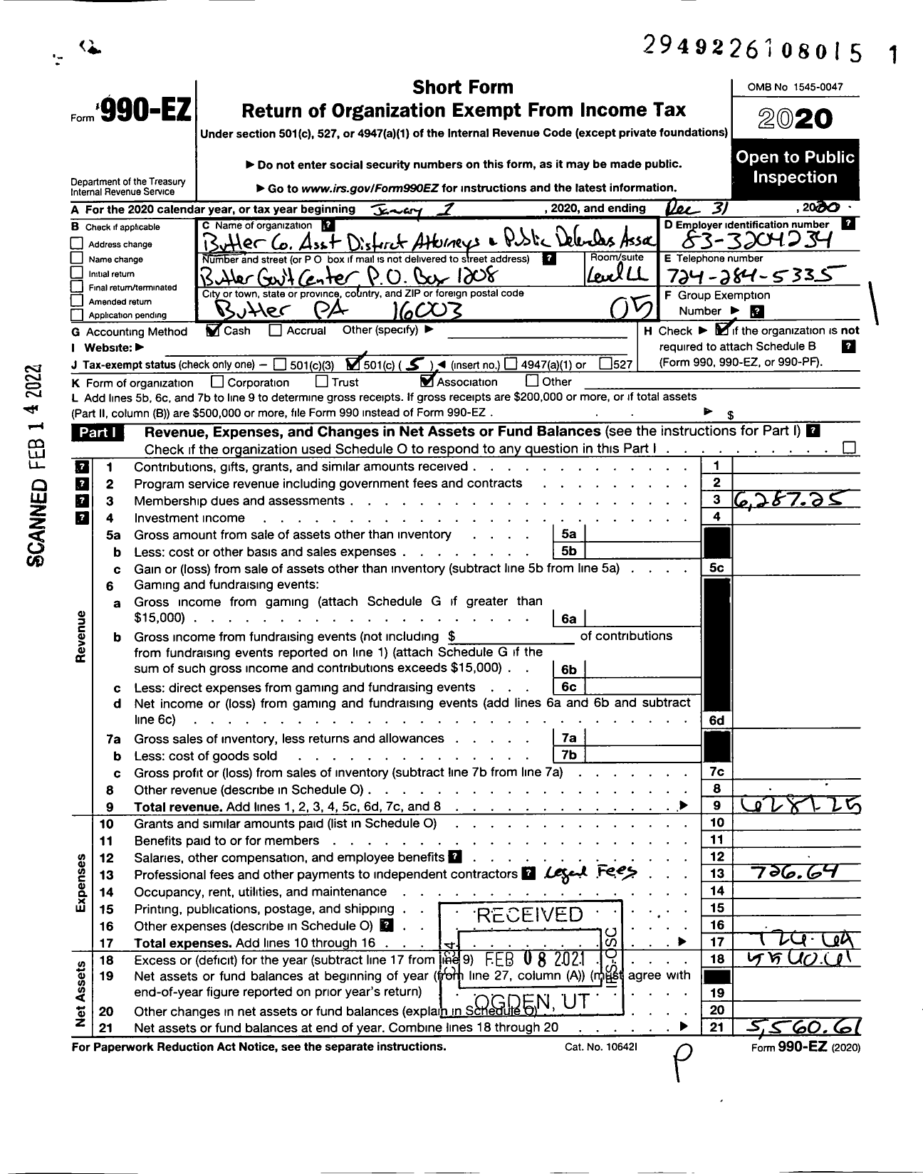 Image of first page of 2020 Form 990EO for Butler County Asst District Attorneys Pub Defenders assoc