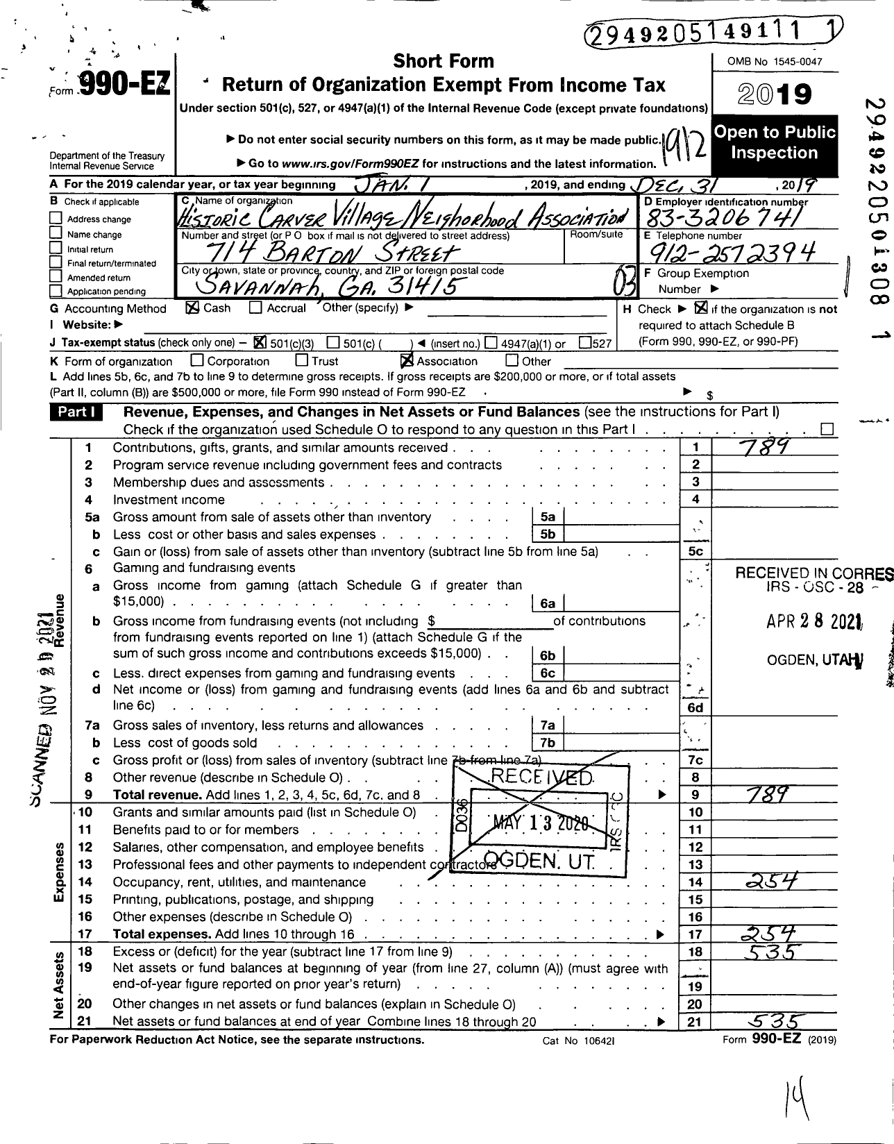 Image of first page of 2019 Form 990EZ for Historic Carver Village Neighborhood Association