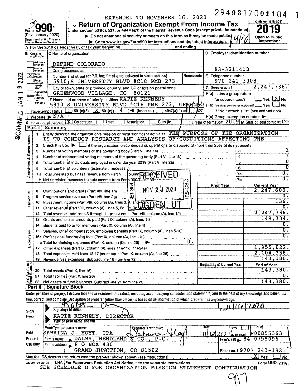 Image of first page of 2019 Form 990O for Defend Colorado