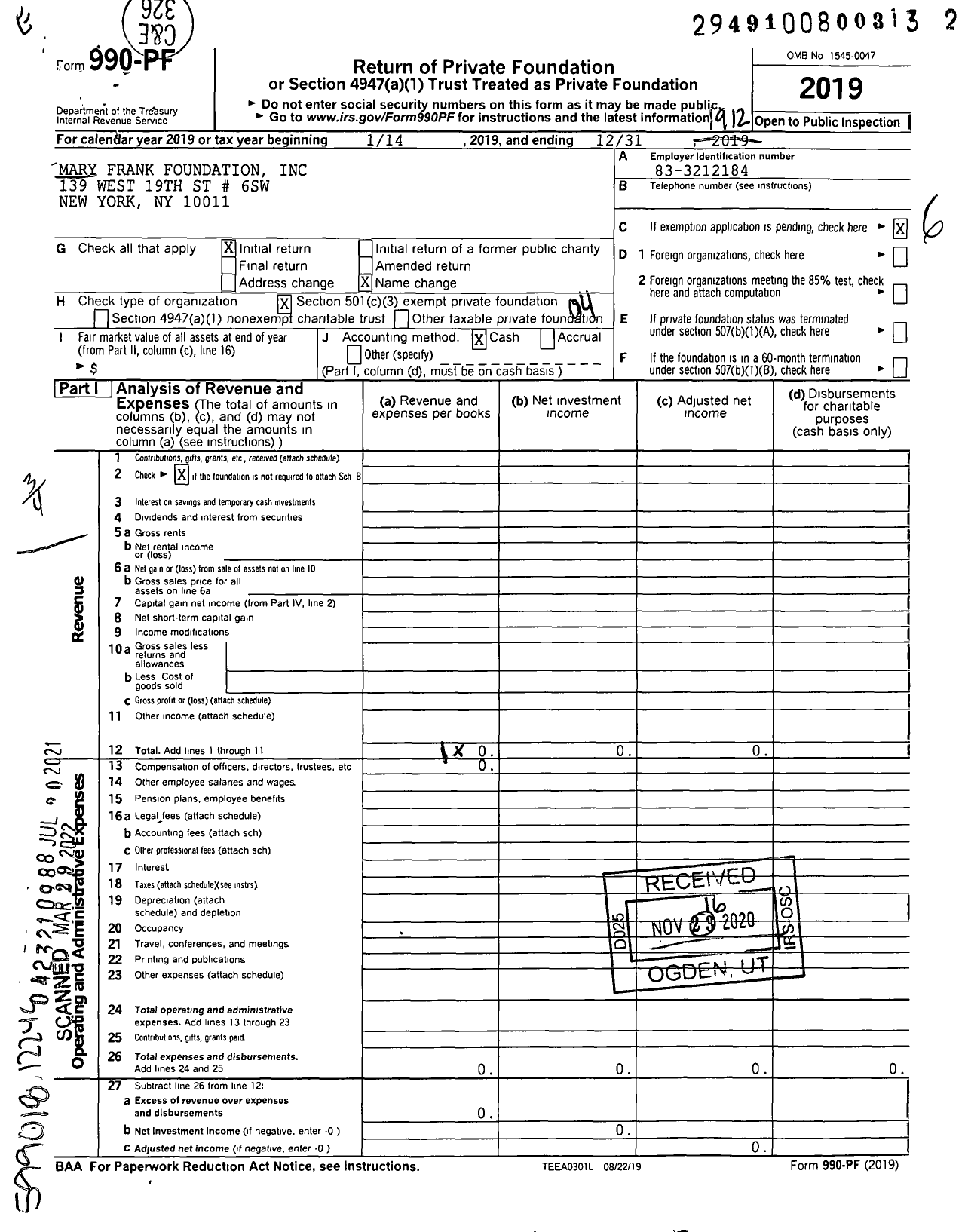 Image of first page of 2019 Form 990PF for Mary Frank Foundation