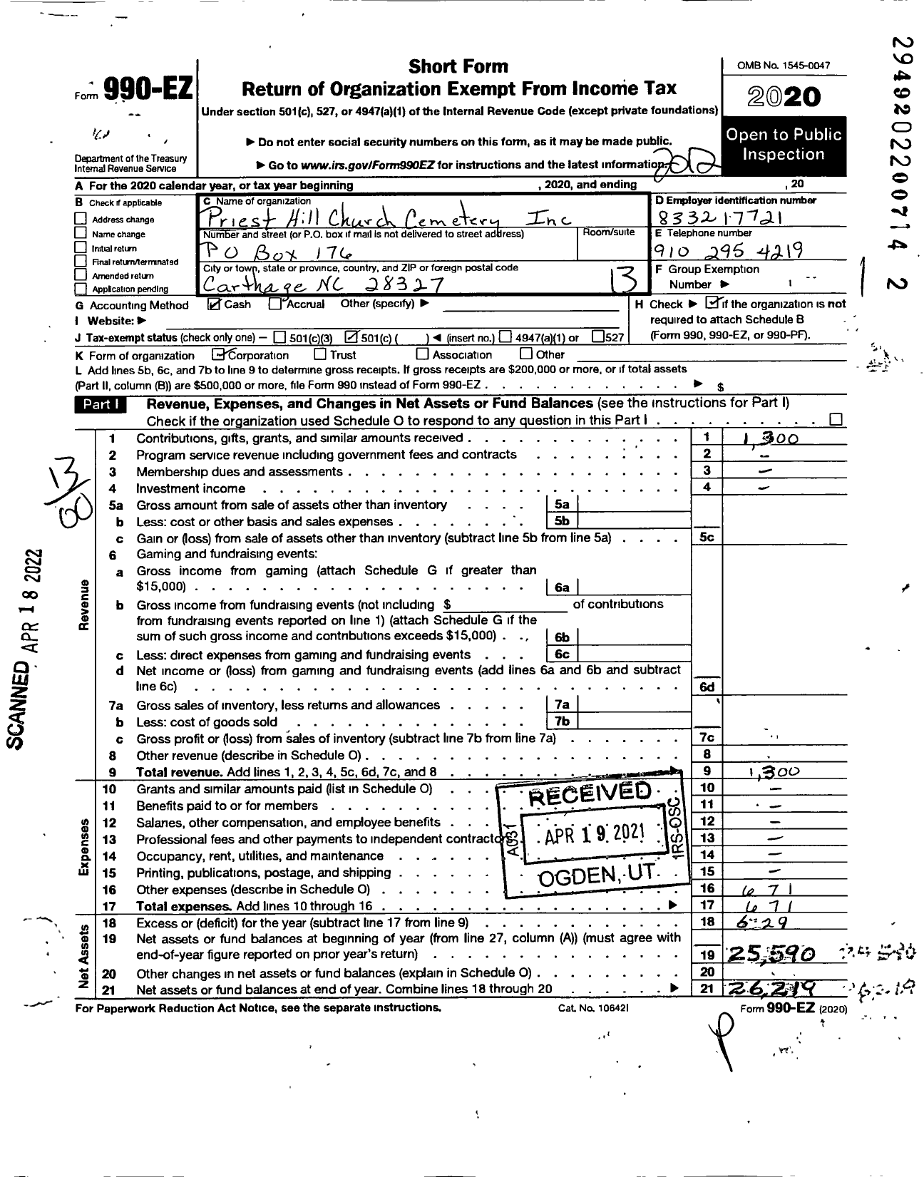 Image of first page of 2020 Form 990EO for Priest Hill Church Cemetery