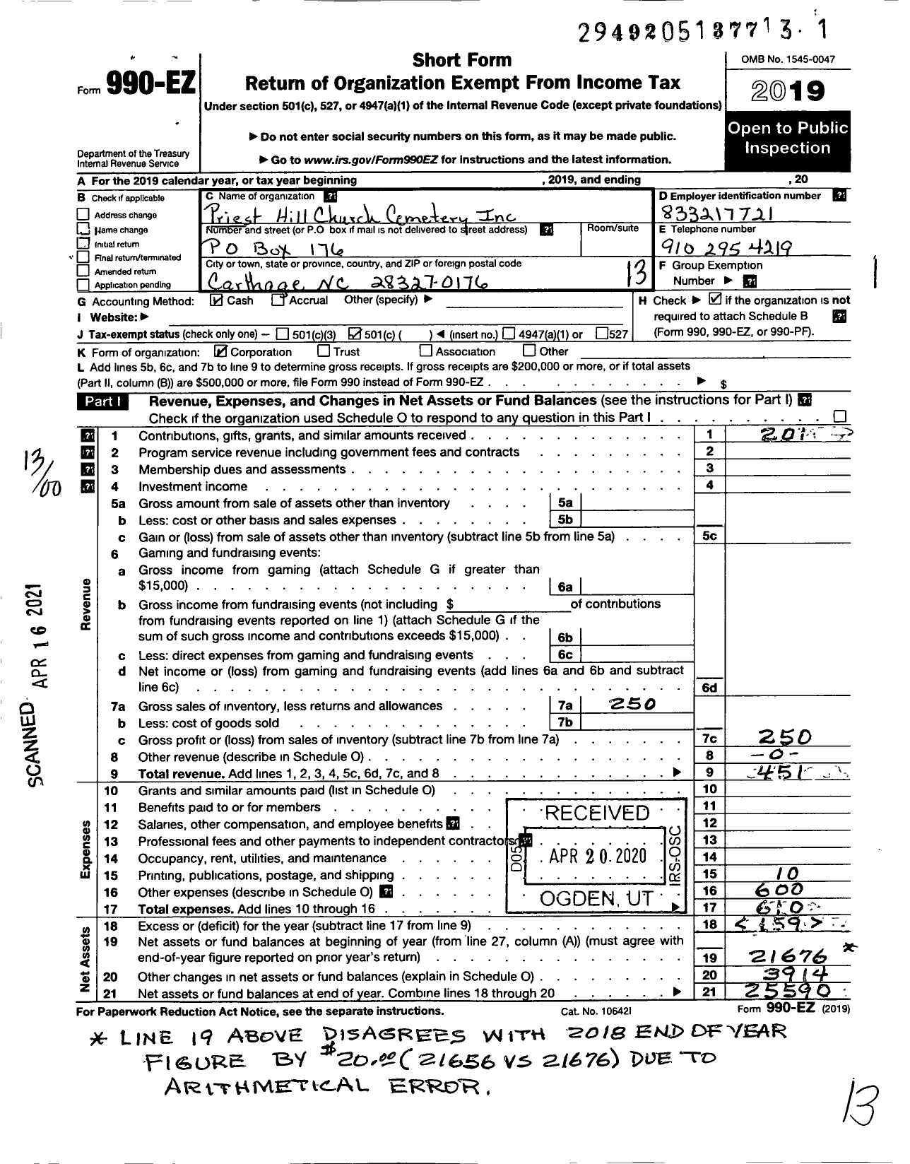 Image of first page of 2019 Form 990EO for Priest Hill Church Cemetery