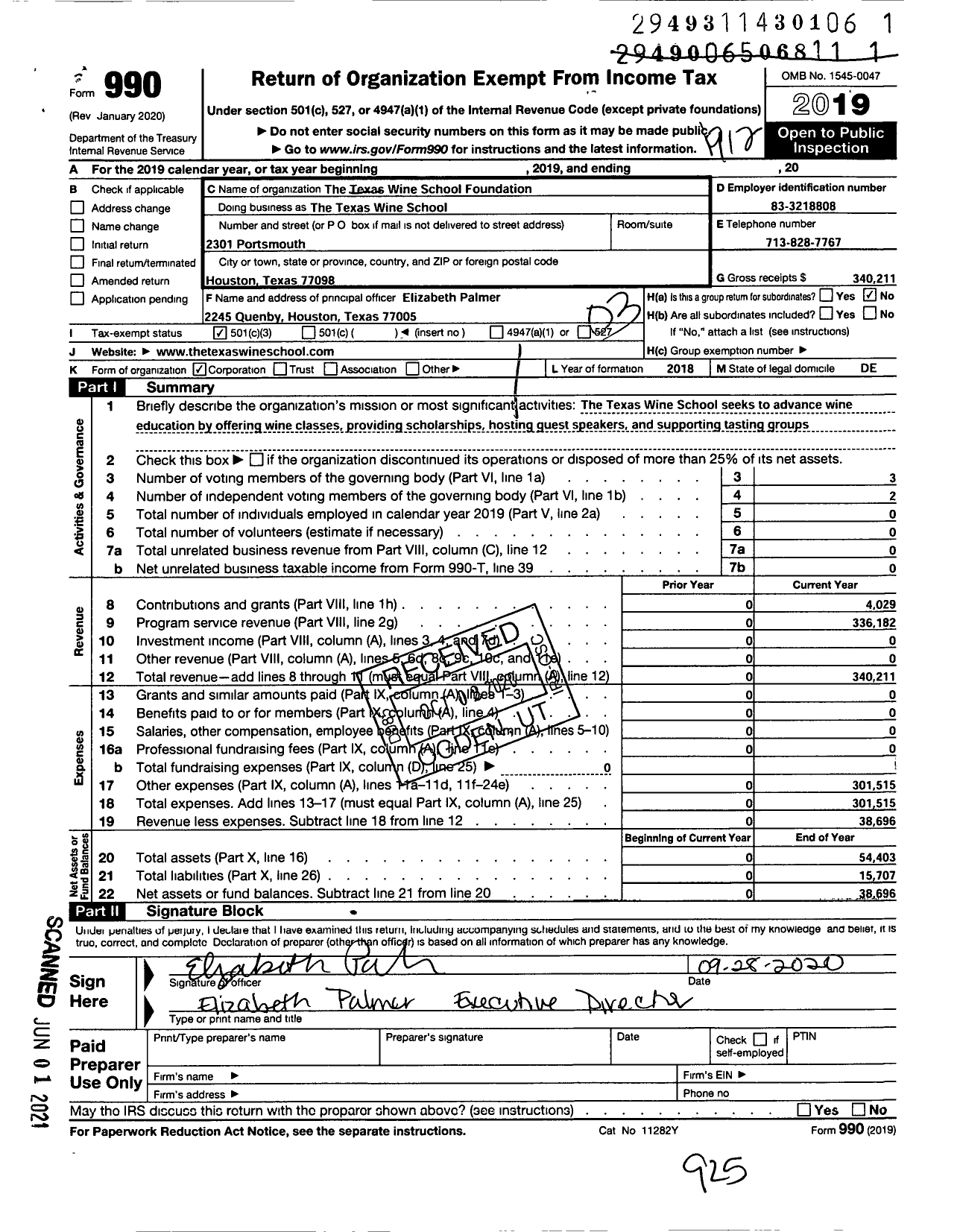 Image of first page of 2019 Form 990 for The Texas Wine School