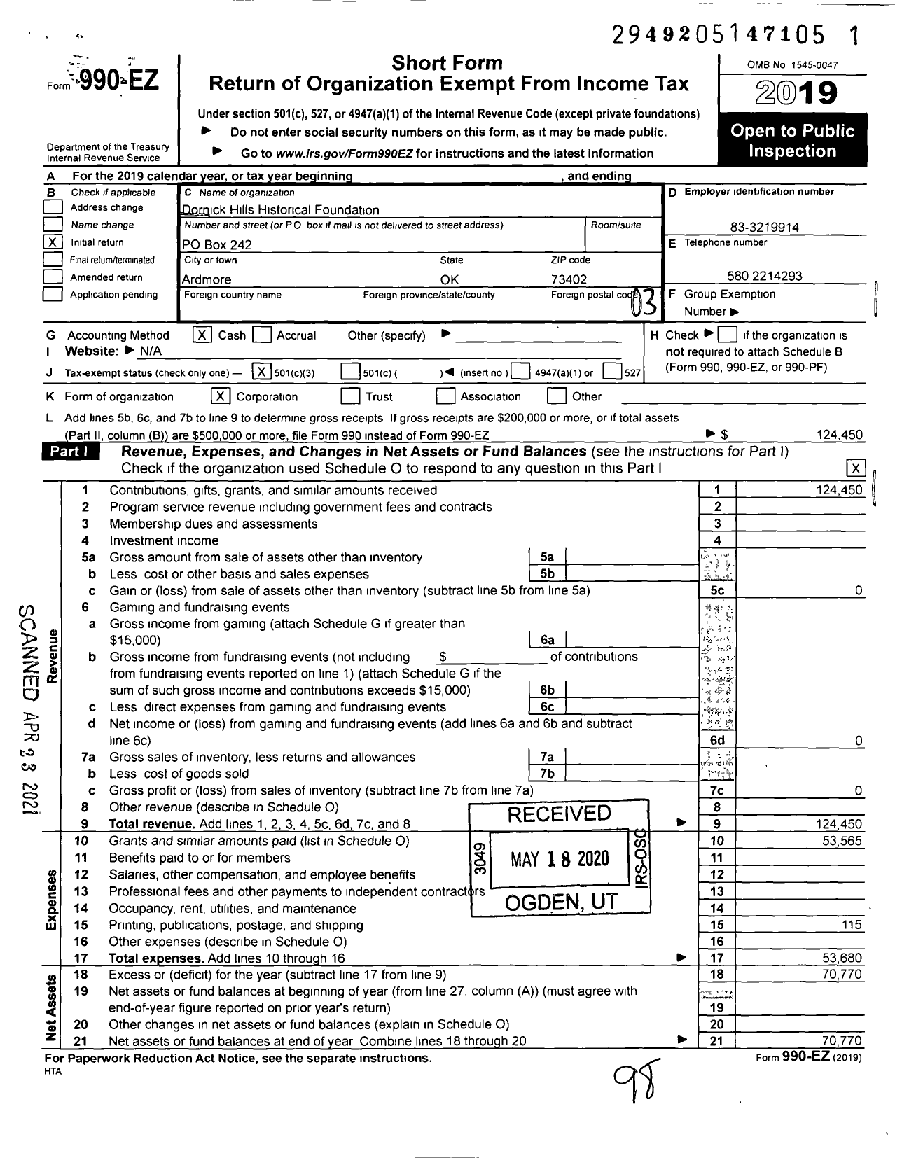 Image of first page of 2019 Form 990EZ for Dornick Hills Historical Foundation