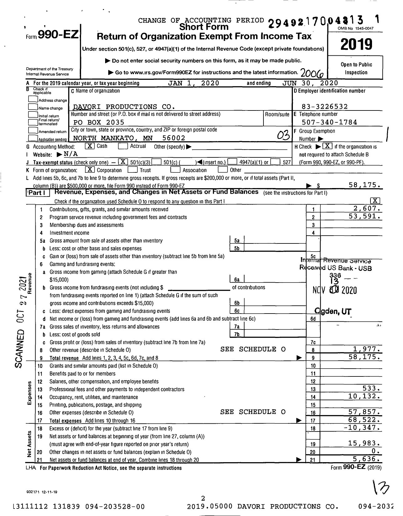 Image of first page of 2019 Form 990EZ for Davori Productions