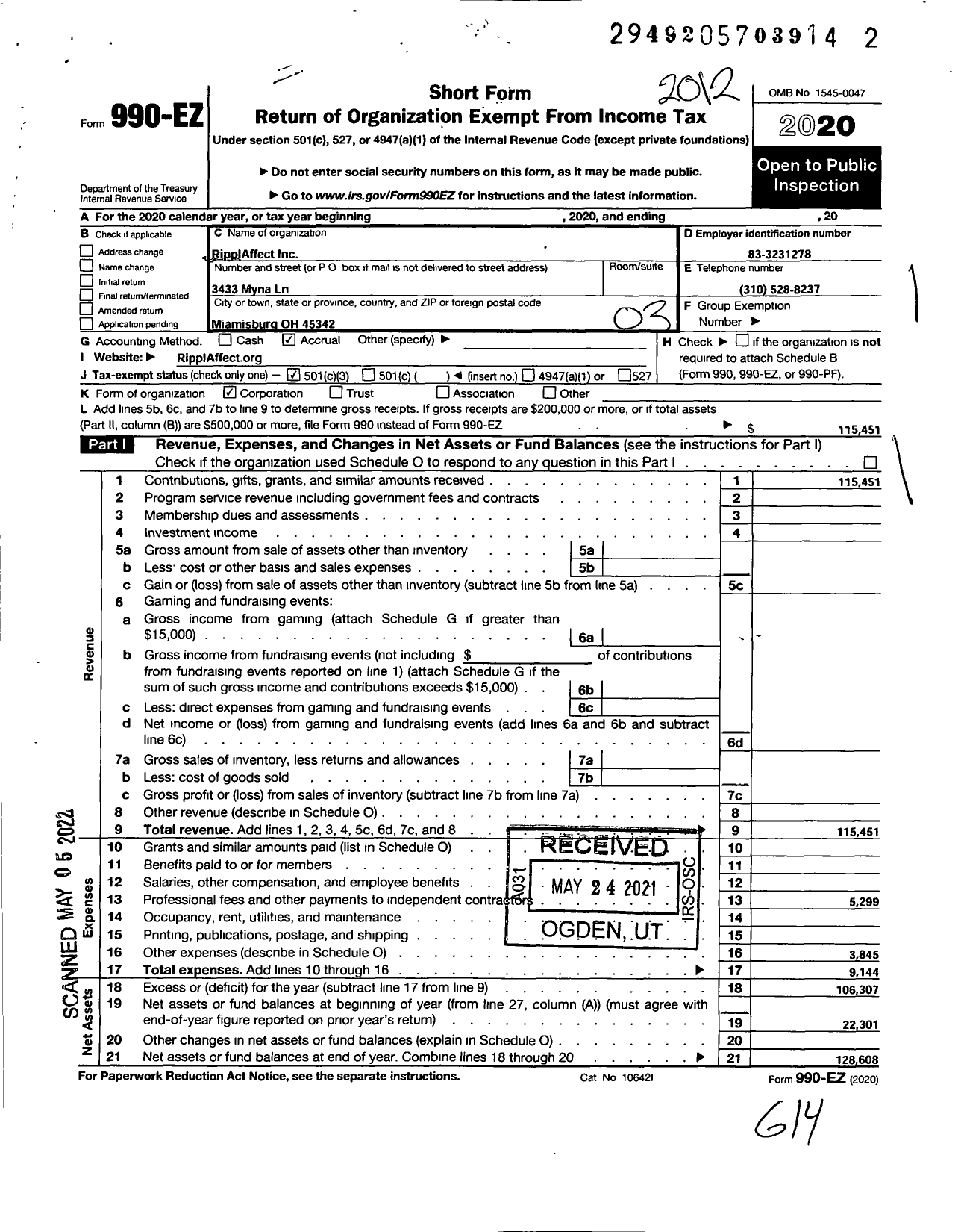 Image of first page of 2020 Form 990EZ for Ripplaffect