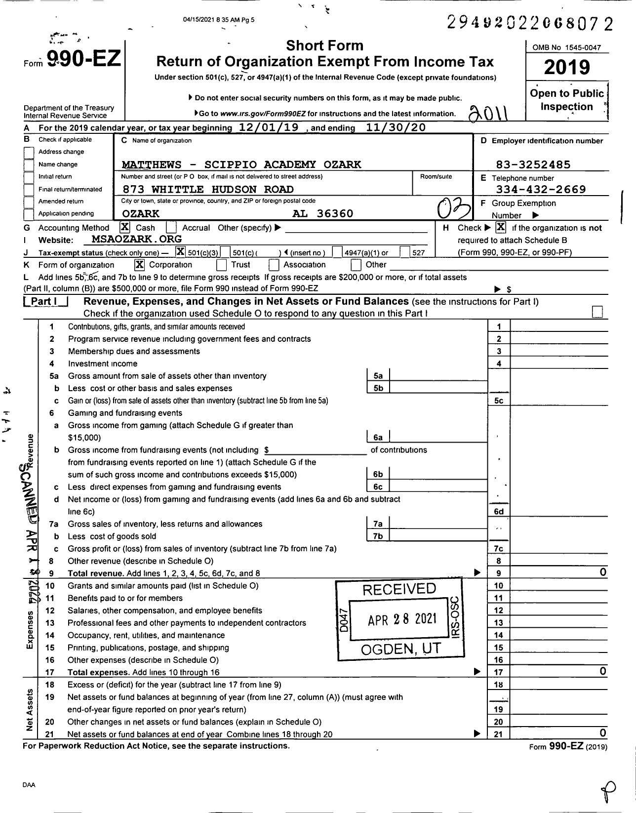 Image of first page of 2019 Form 990EZ for Matthews - Scippio Academy Ozark