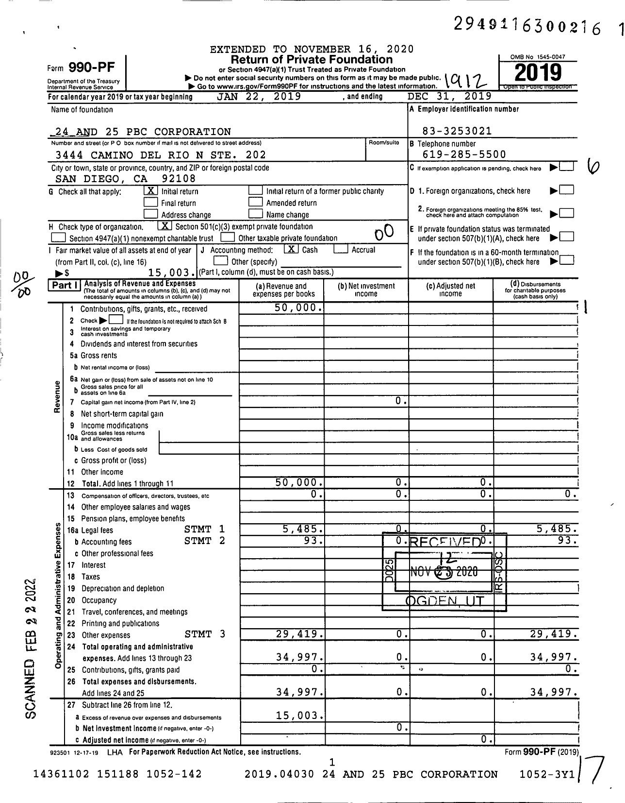 Image of first page of 2019 Form 990PF for 24 and 25 PBC Corporation