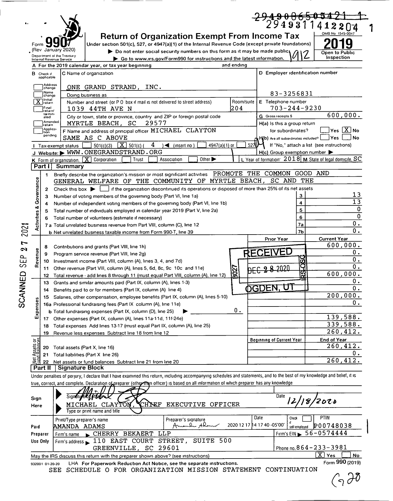 Image of first page of 2019 Form 990O for One Grand Strand