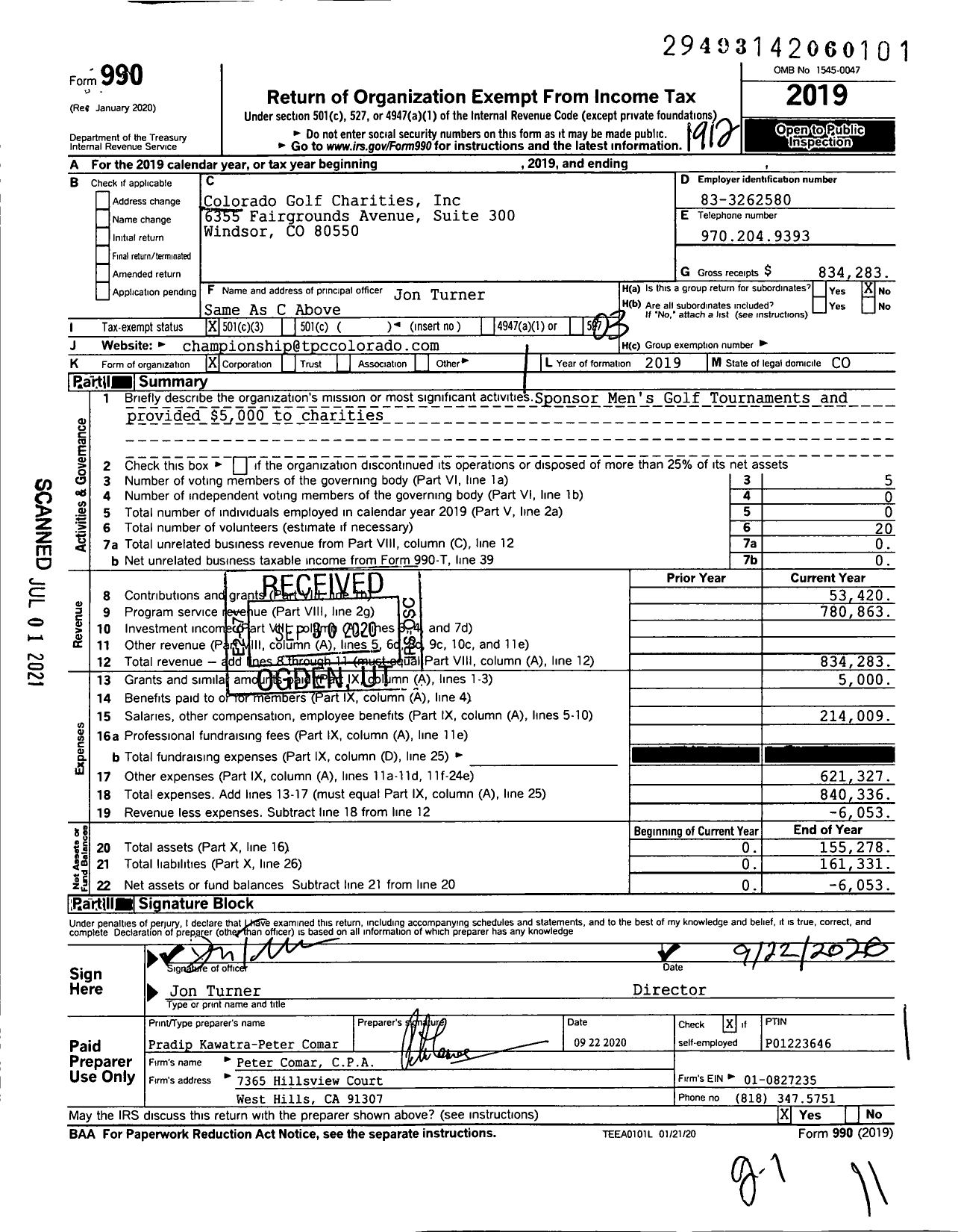 Image of first page of 2019 Form 990 for Colorado Golf Charities