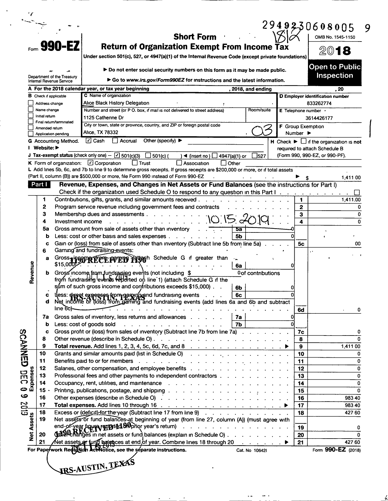 Image of first page of 2018 Form 990EZ for Alice Black History Delegation