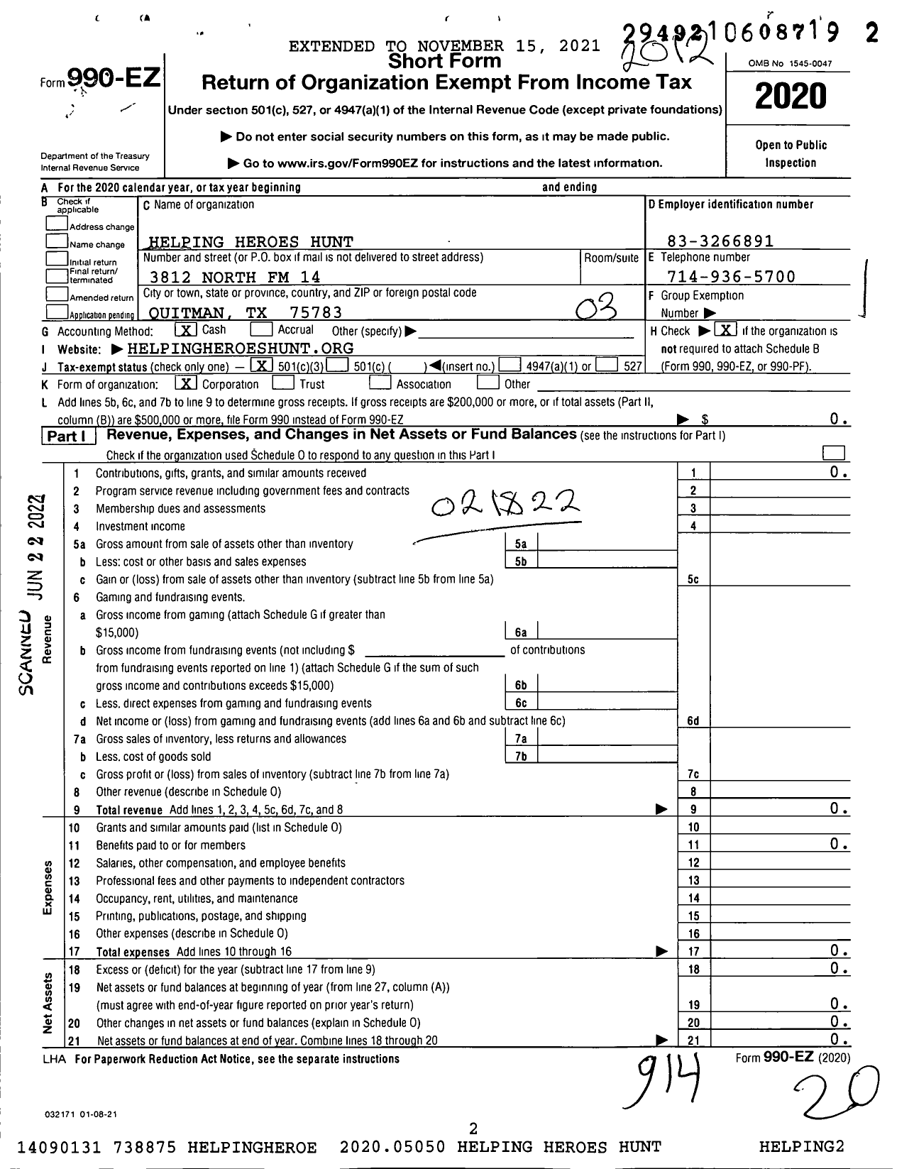 Image of first page of 2020 Form 990EZ for Helping Heroes Hunt