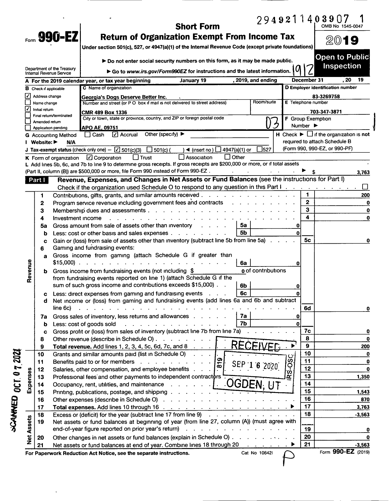 Image of first page of 2019 Form 990EZ for Georgia Companion Animal Advocacy