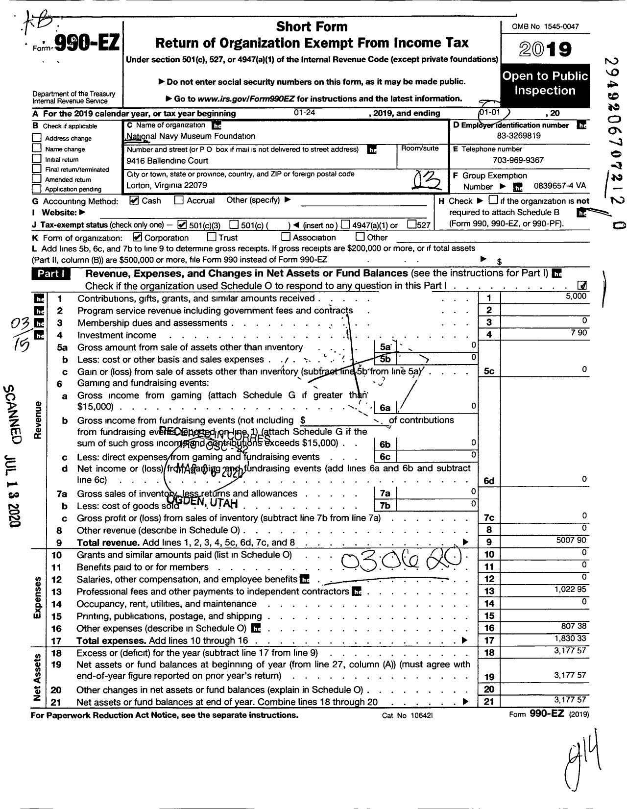 Image of first page of 2019 Form 990EZ for National Navy Museum Foundation