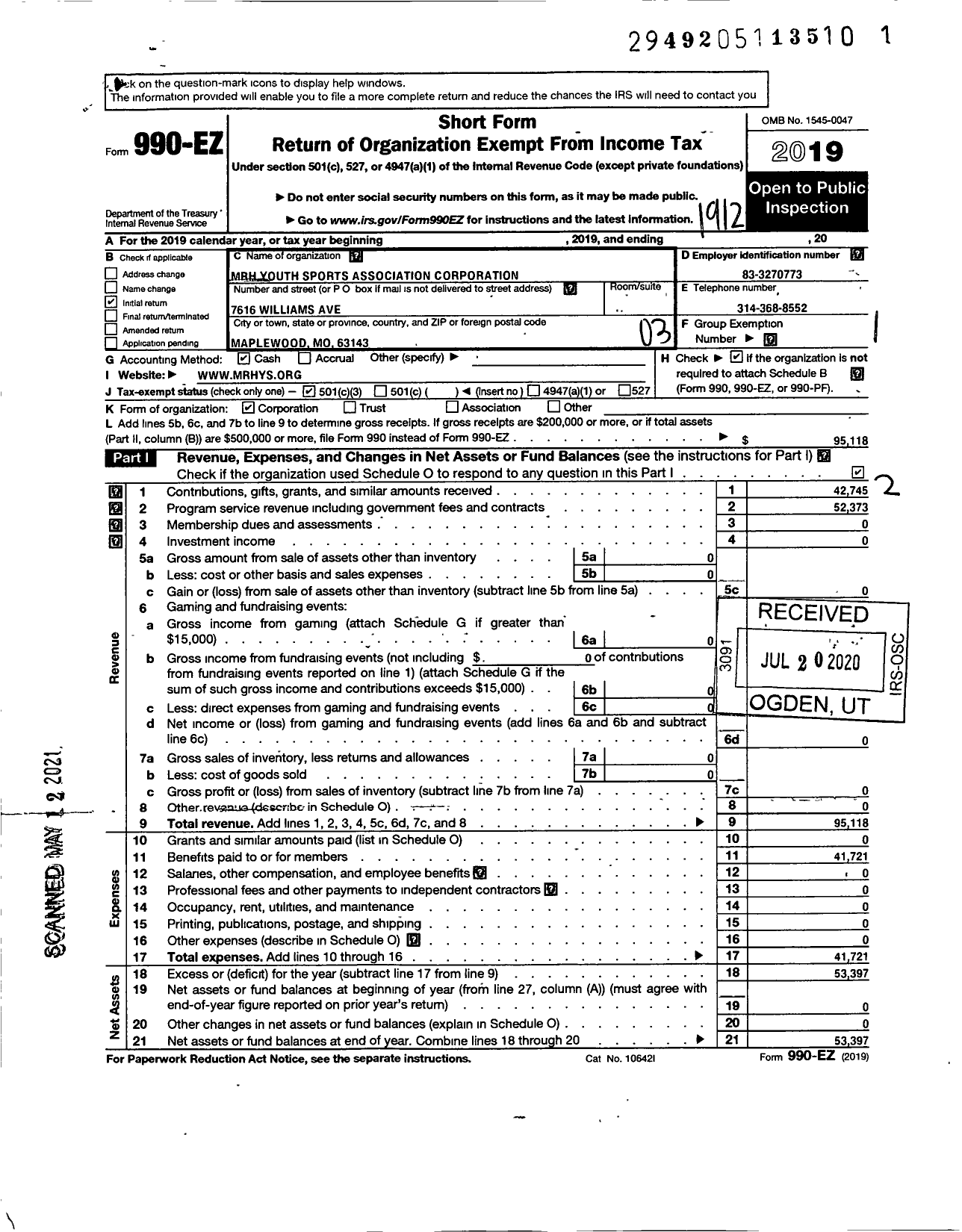 Image of first page of 2019 Form 990EZ for MRH Youth Sports Association Corporation