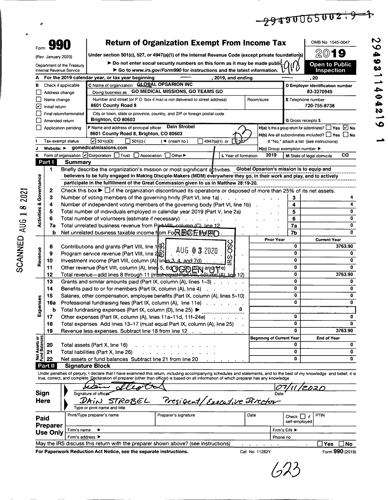 Image of first page of 2019 Form 990 for Global Opsarion