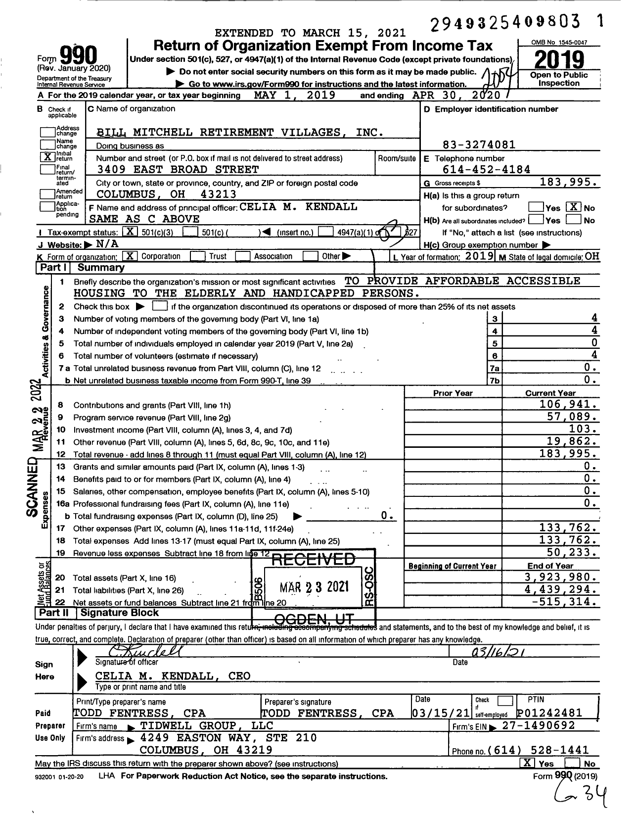 Image of first page of 2019 Form 990 for Bill Mitchell Retirement Villages