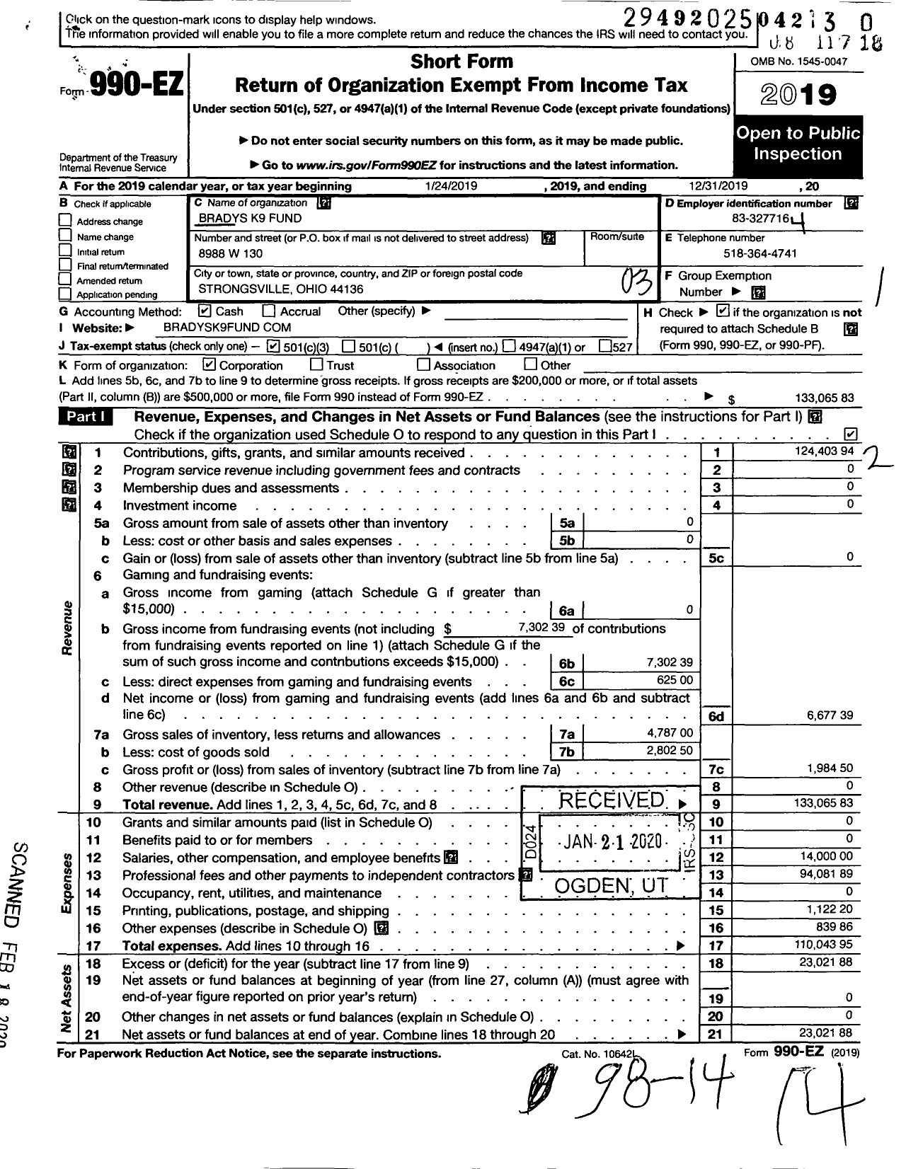 Image of first page of 2019 Form 990EZ for Bradys K9 Fund