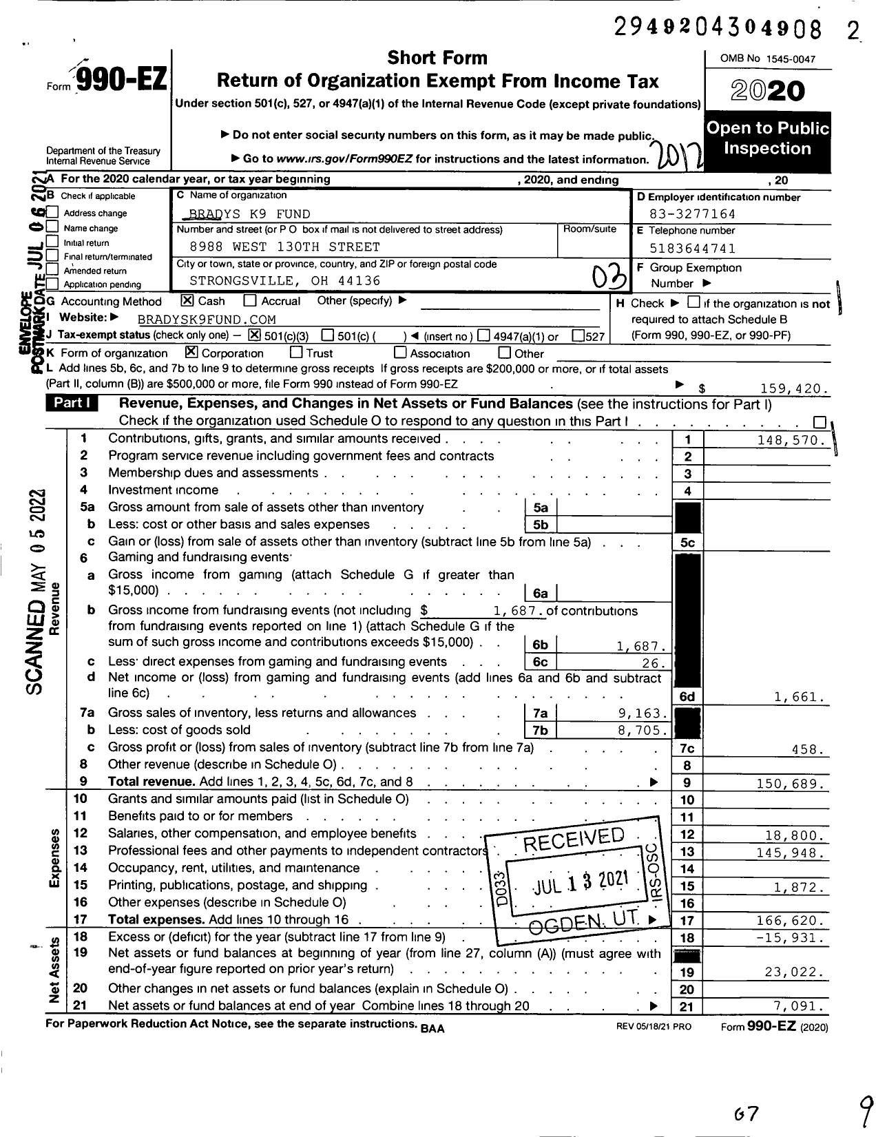 Image of first page of 2020 Form 990EZ for Bradys K9 Fund