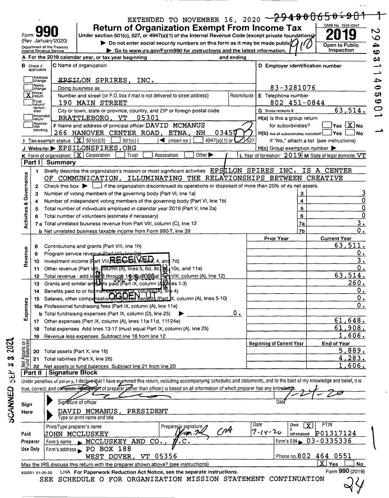 Image of first page of 2019 Form 990 for Epsilon Spires