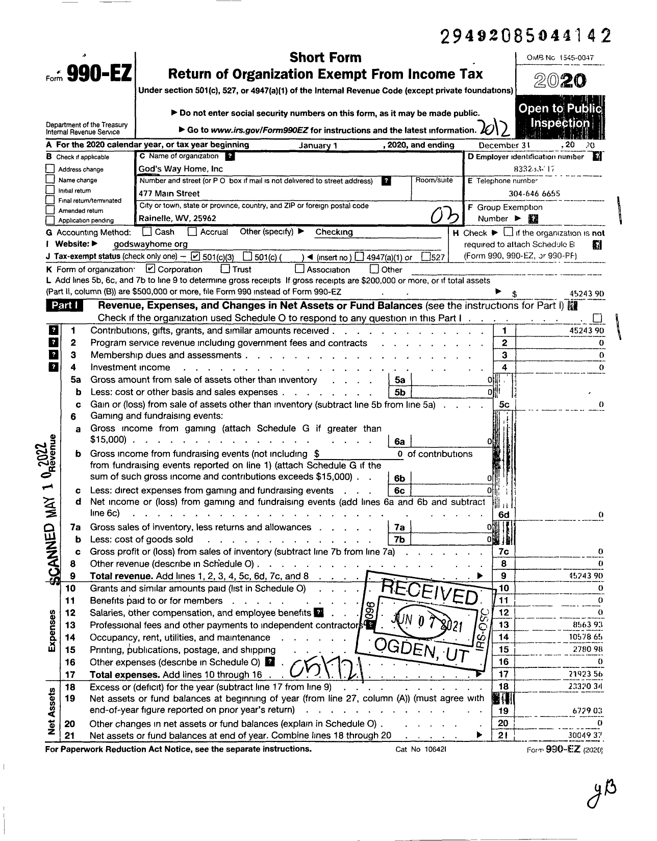 Image of first page of 2020 Form 990EZ for Gods Way Home