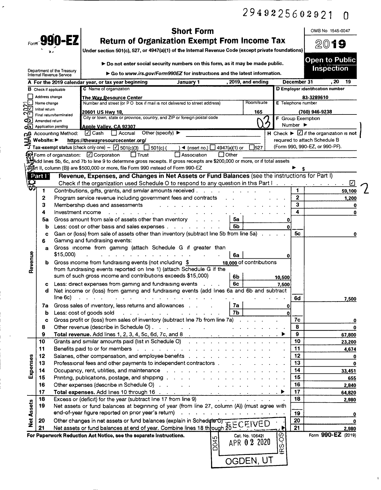 Image of first page of 2019 Form 990EZ for Way Resource Center