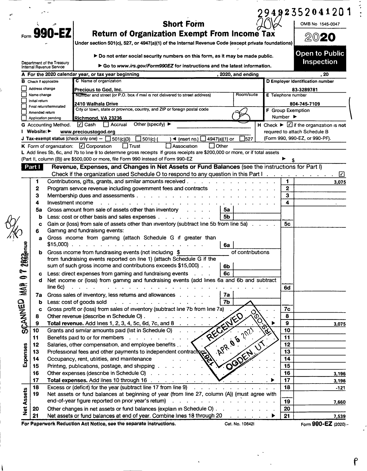 Image of first page of 2020 Form 990EZ for Precious To God