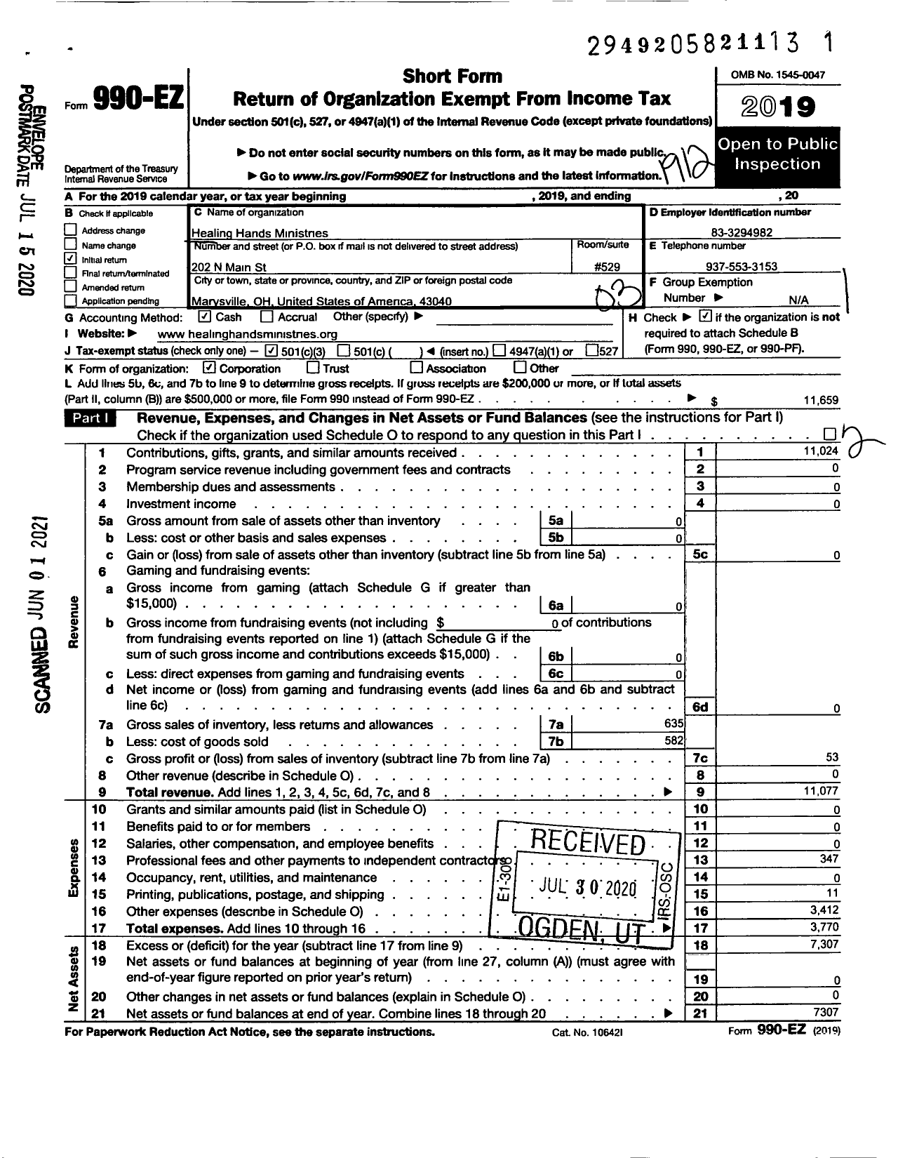 Image of first page of 2019 Form 990EZ for Healing Hands Ministries