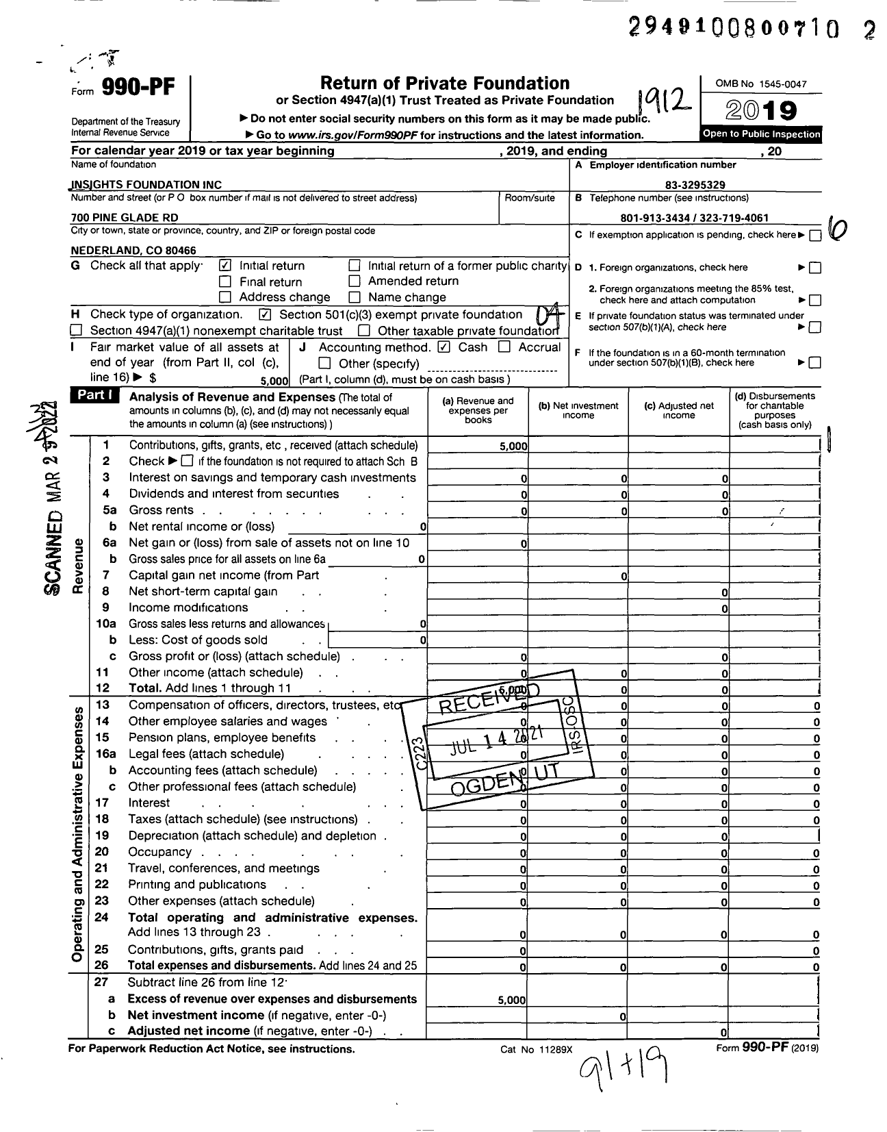 Image of first page of 2019 Form 990PF for Insights Foundation