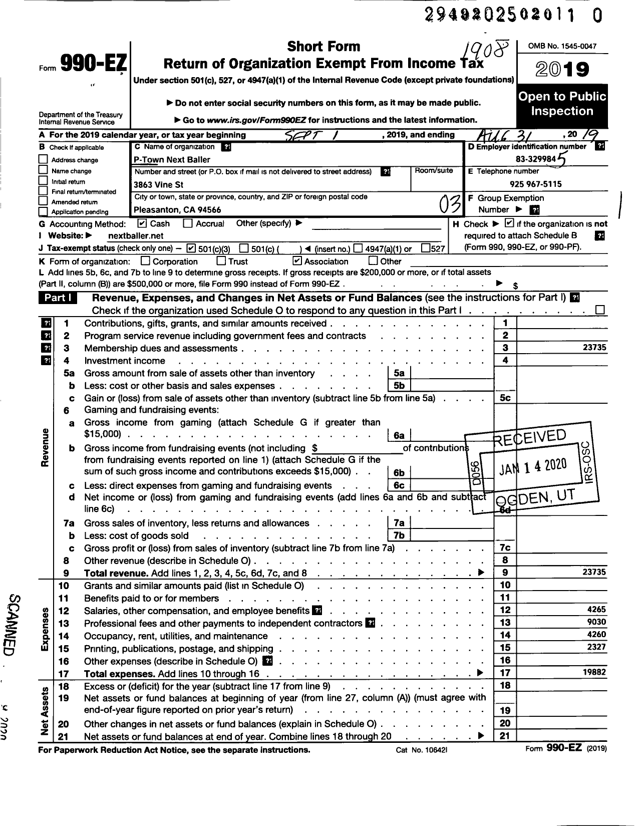 Image of first page of 2018 Form 990EZ for Amateur Athletic Union - P-Town Next Baller