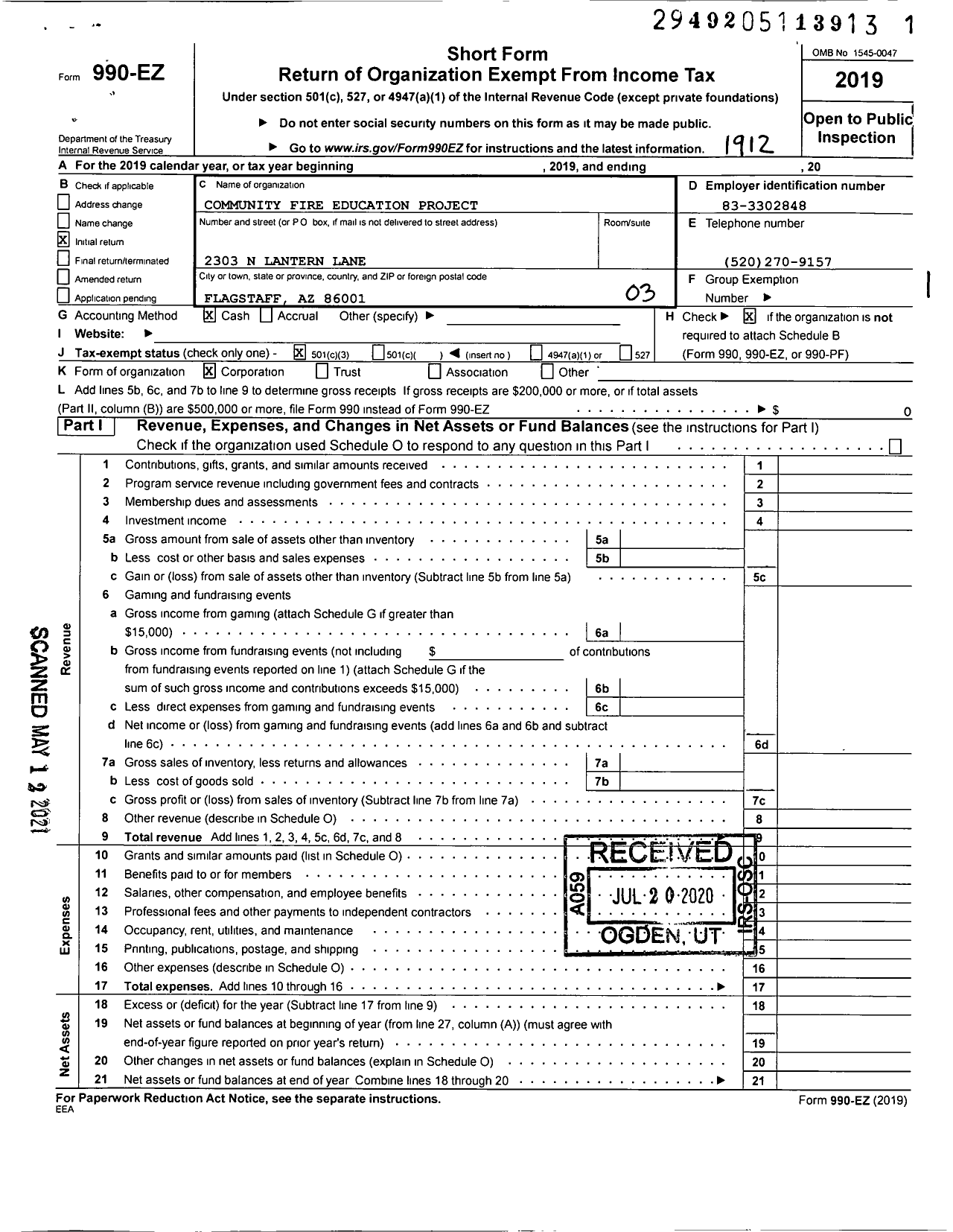 Image of first page of 2019 Form 990EZ for Community Fire Education Project