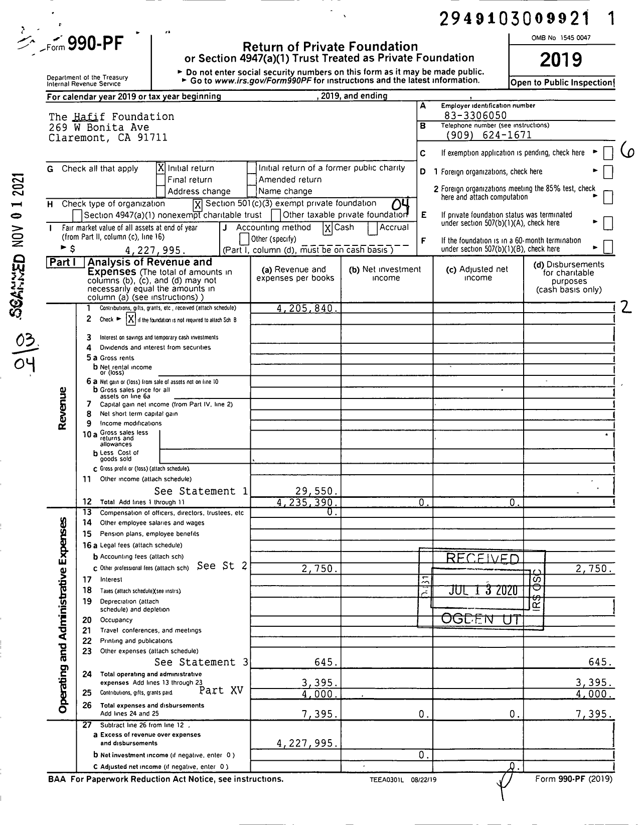 Image of first page of 2019 Form 990PF for The Hafif Foundation