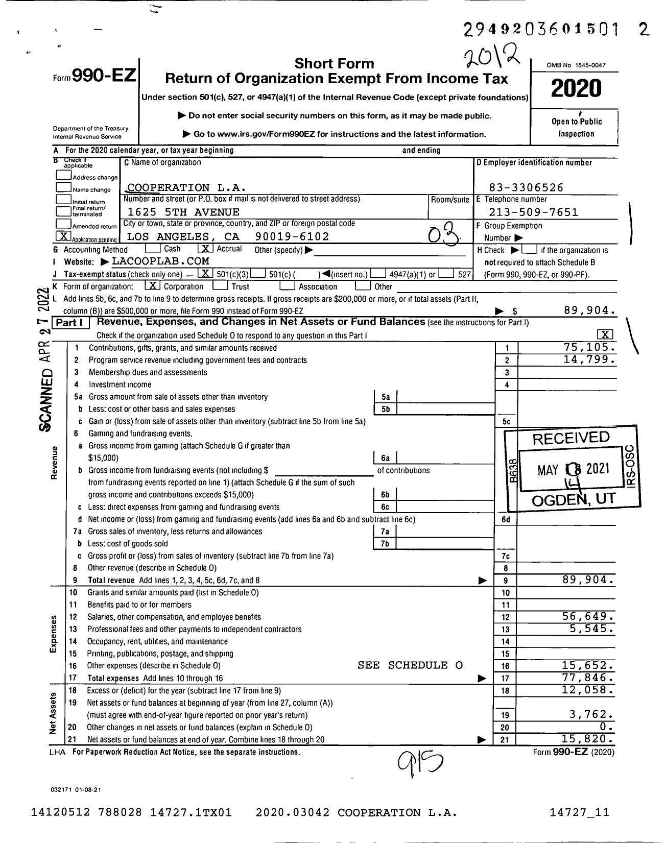 Image of first page of 2020 Form 990EZ for Cooperation L A