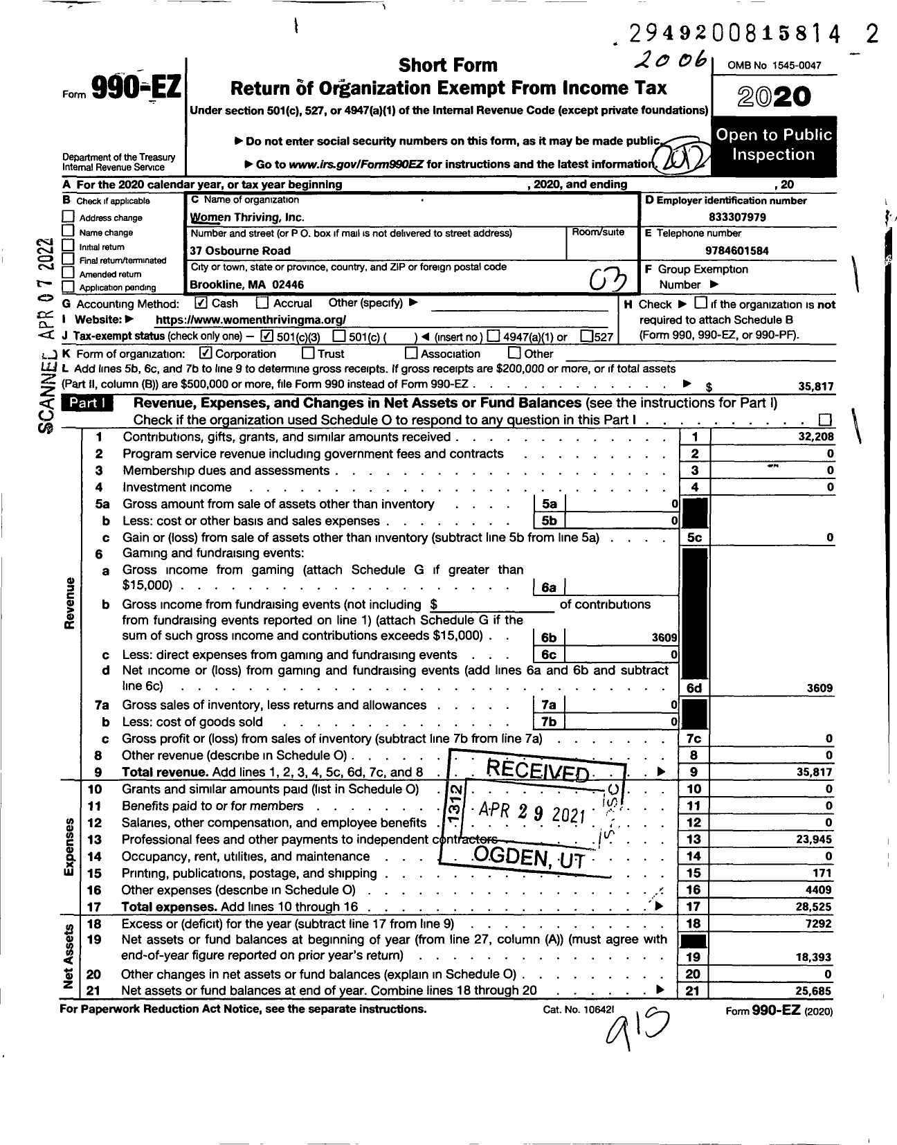 Image of first page of 2020 Form 990EZ for Women Thriving